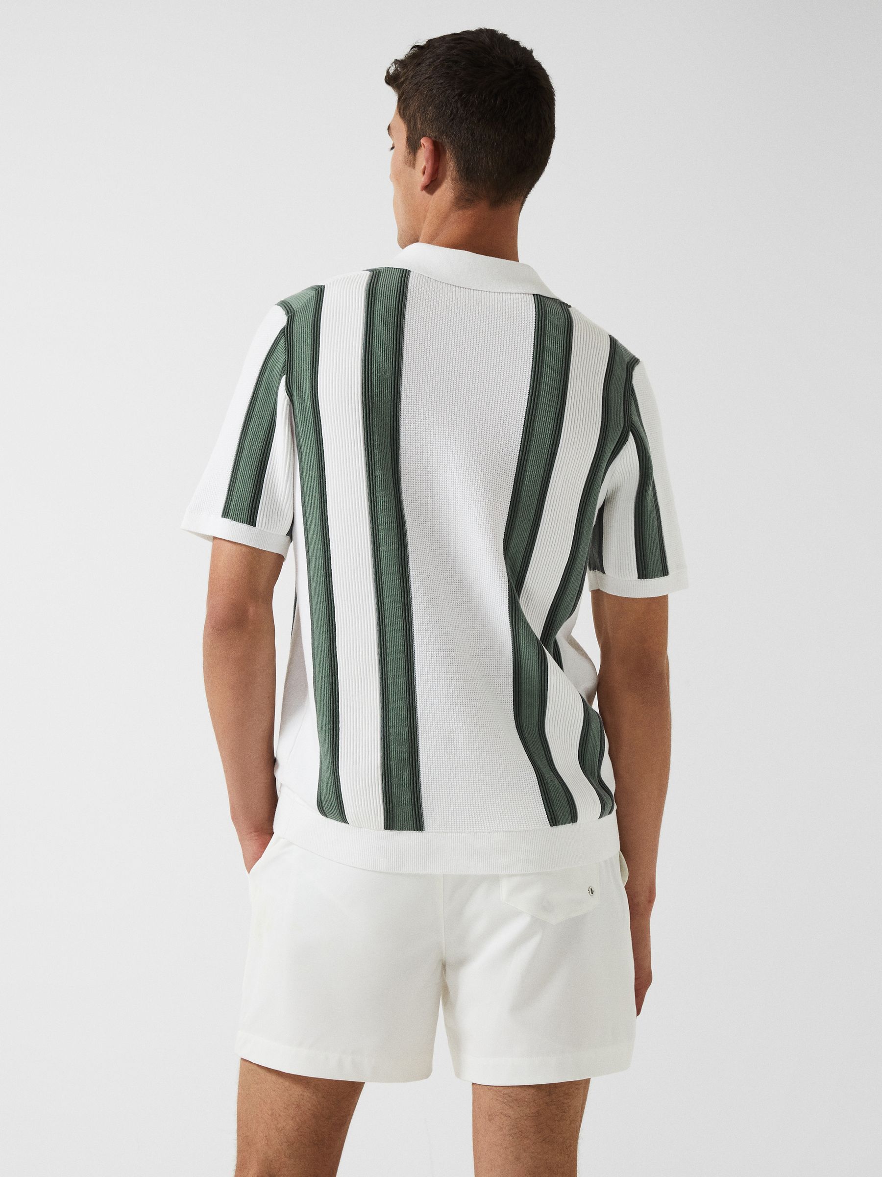Open Collar Striped Polo T-Shirt in White/Sage