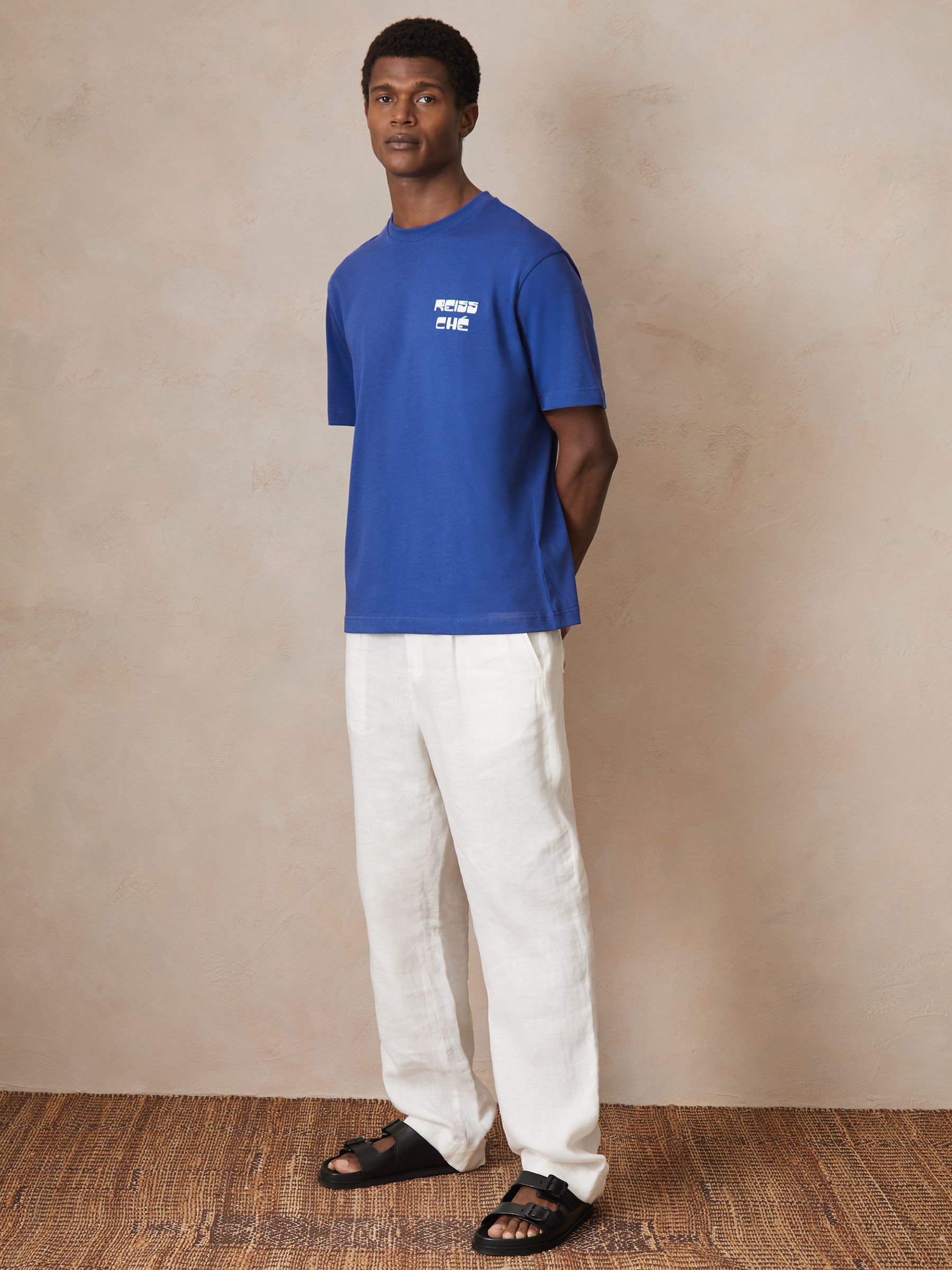 Reiss | Ché Cotton Palm-Print T-Shirt in Blue