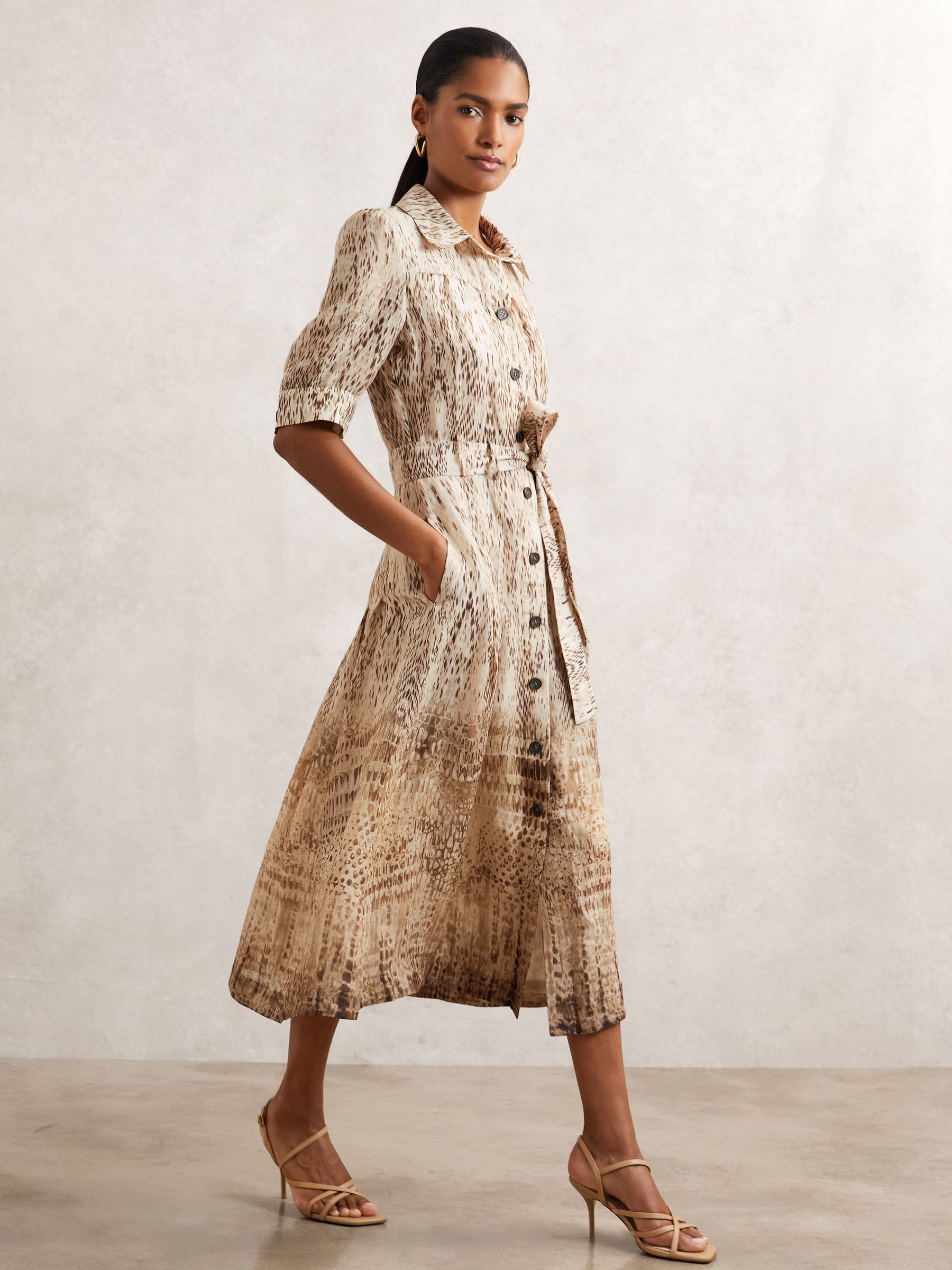 Animal-Print Belted Shirt Dress in Neutral