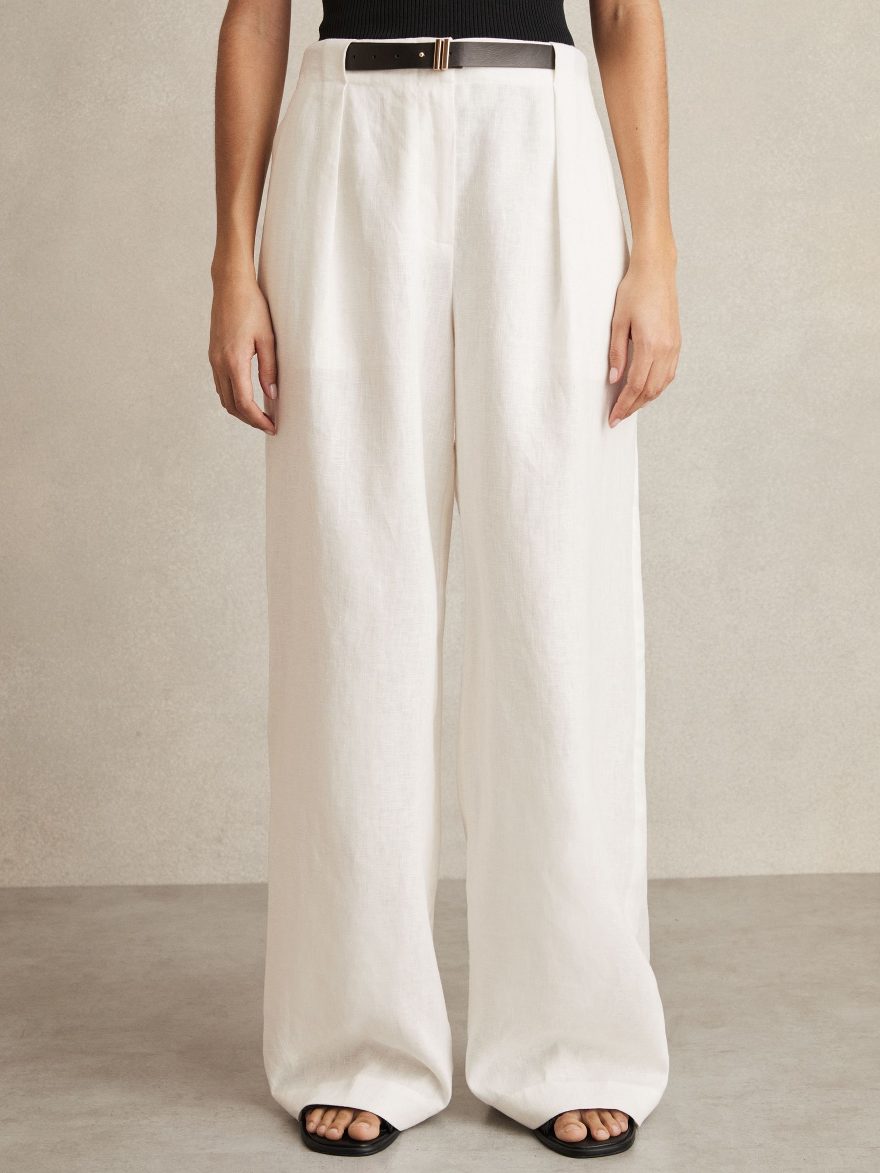 Linen Belted Wide-Leg Trousers in White