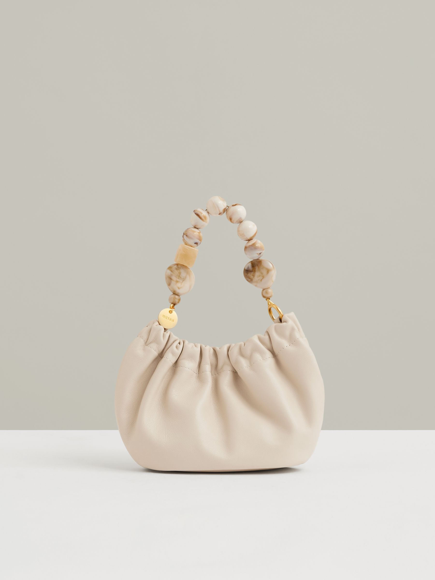 Leather Bead-Handle Pouch Bag in Off White