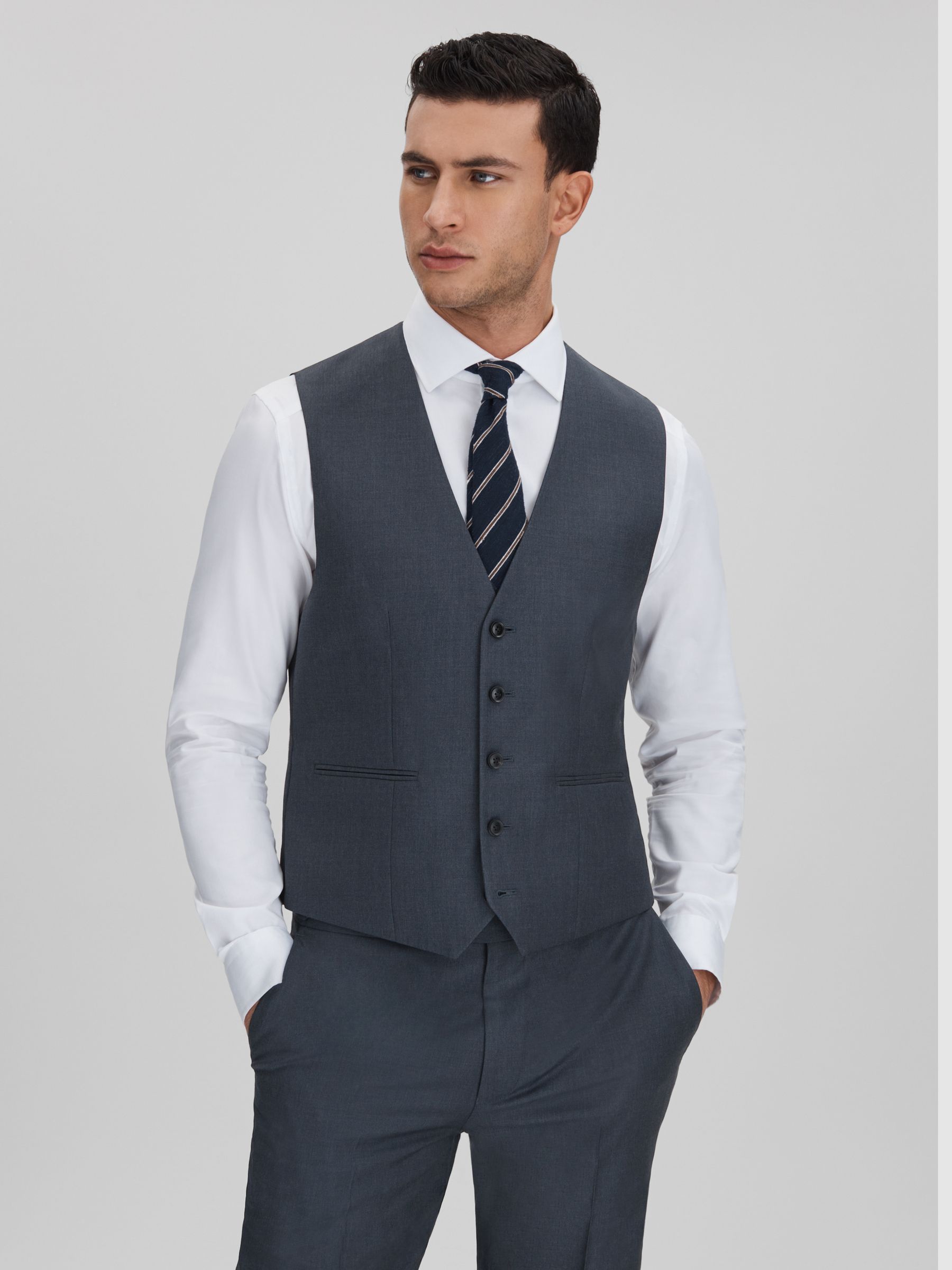 Slim Fit Single Breasted Wool Waistcoat in Airforce Blue