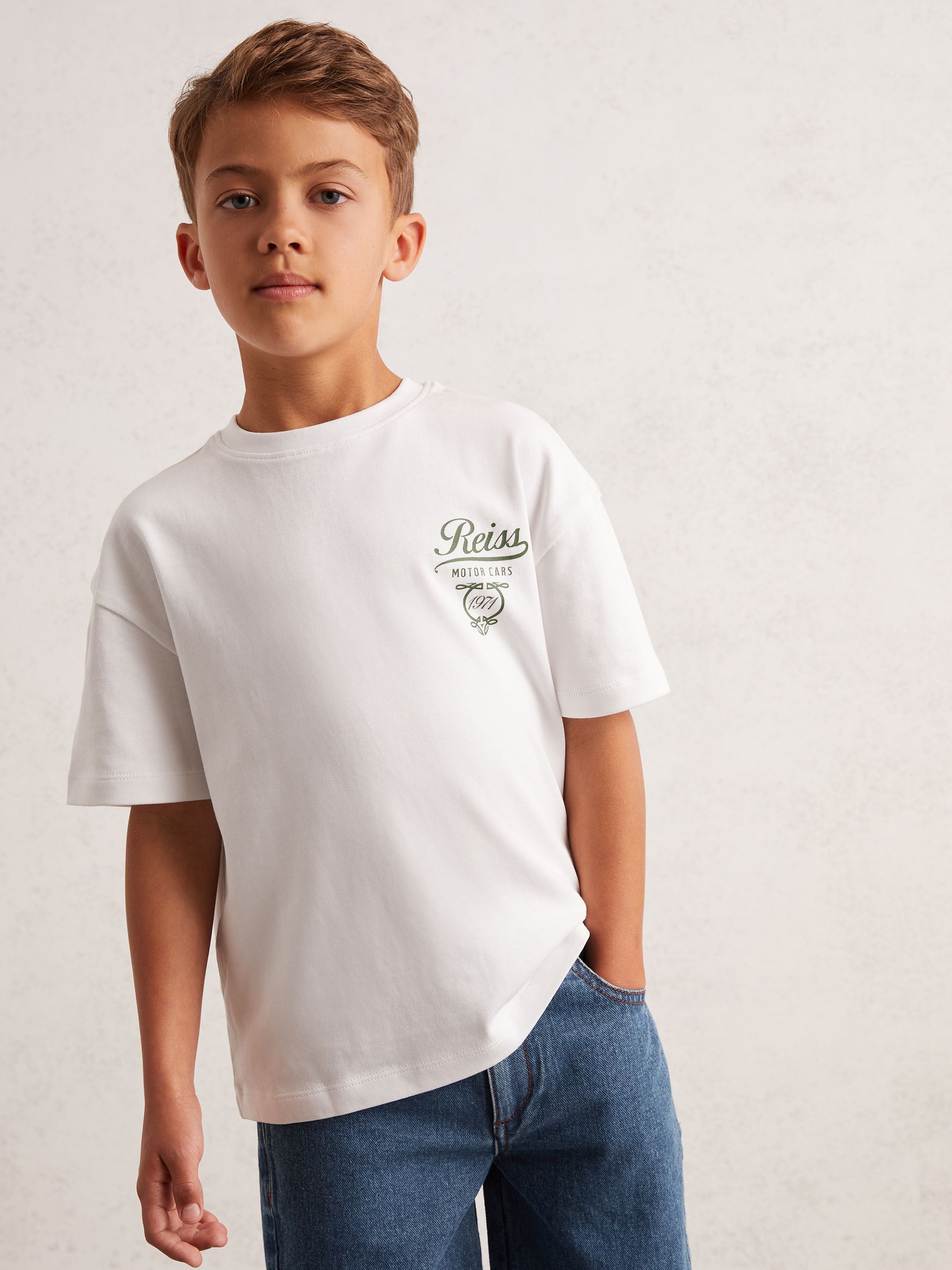 9-13 yrs Cotton Motor Cars-Print T-Shirt in White/Green