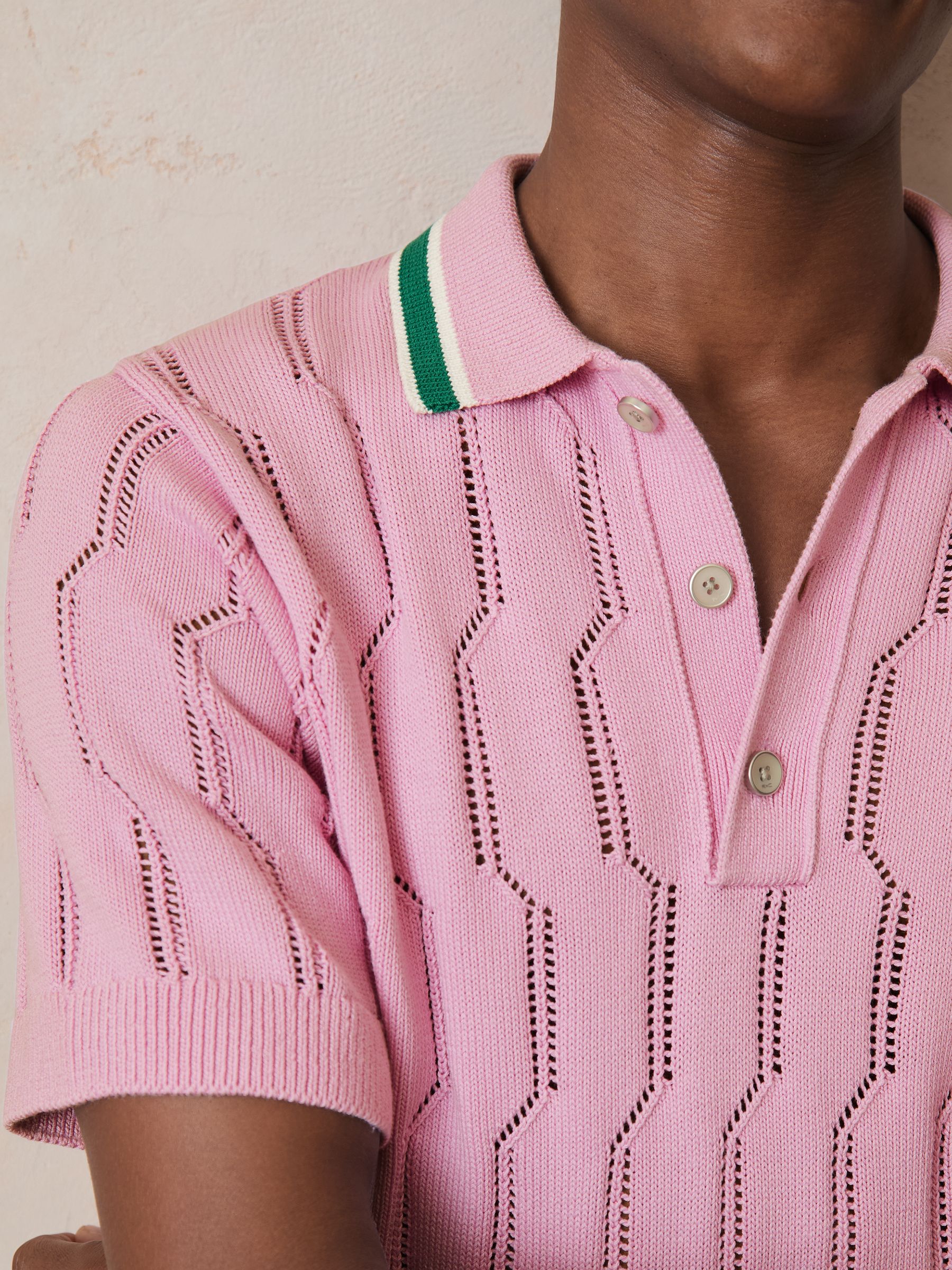 Reiss | Ché Cotton Pointelle Polo Shirt in Pink