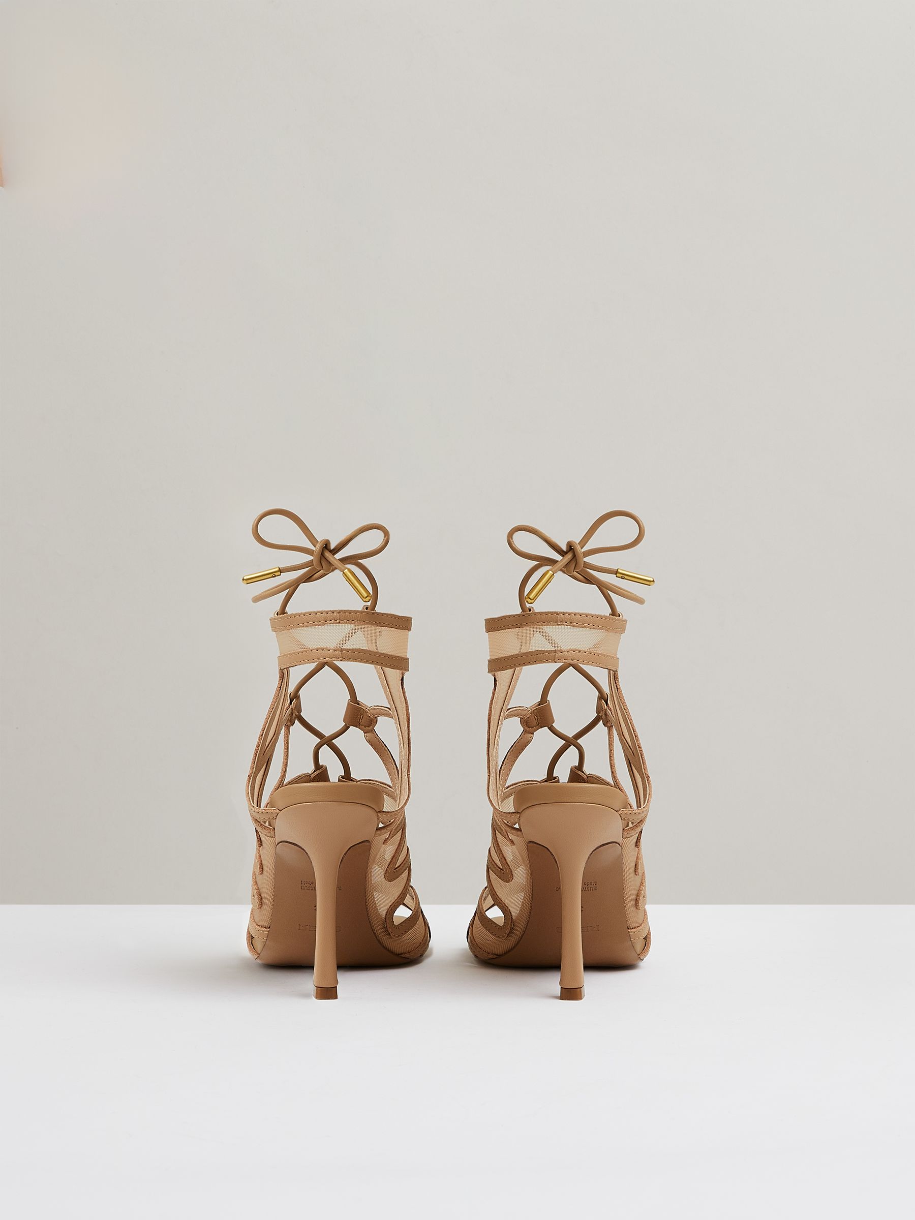 Mesh Leather Strappy Heels in Neutral