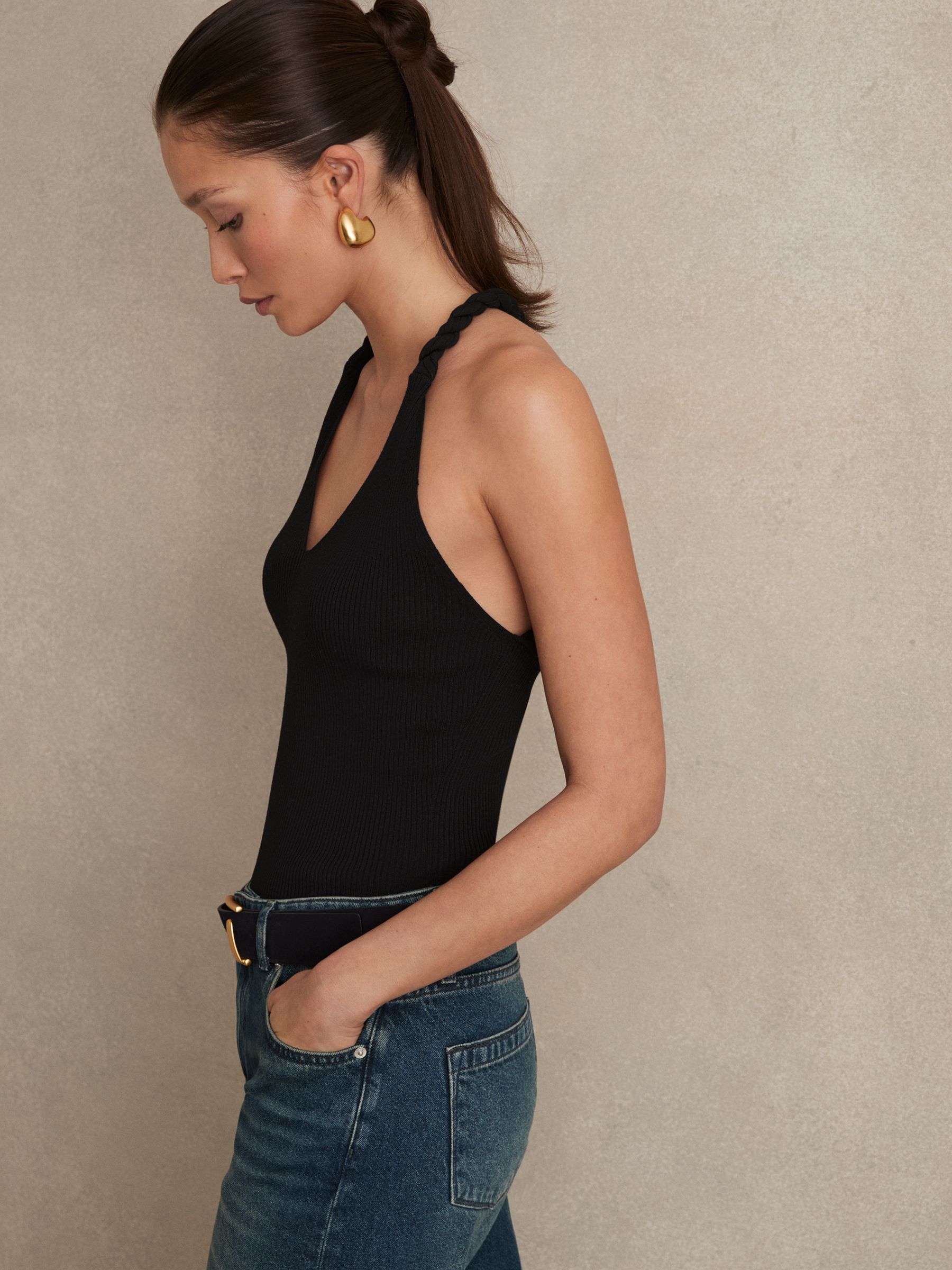 Twist-Strap Rib-Knit Vest in Black