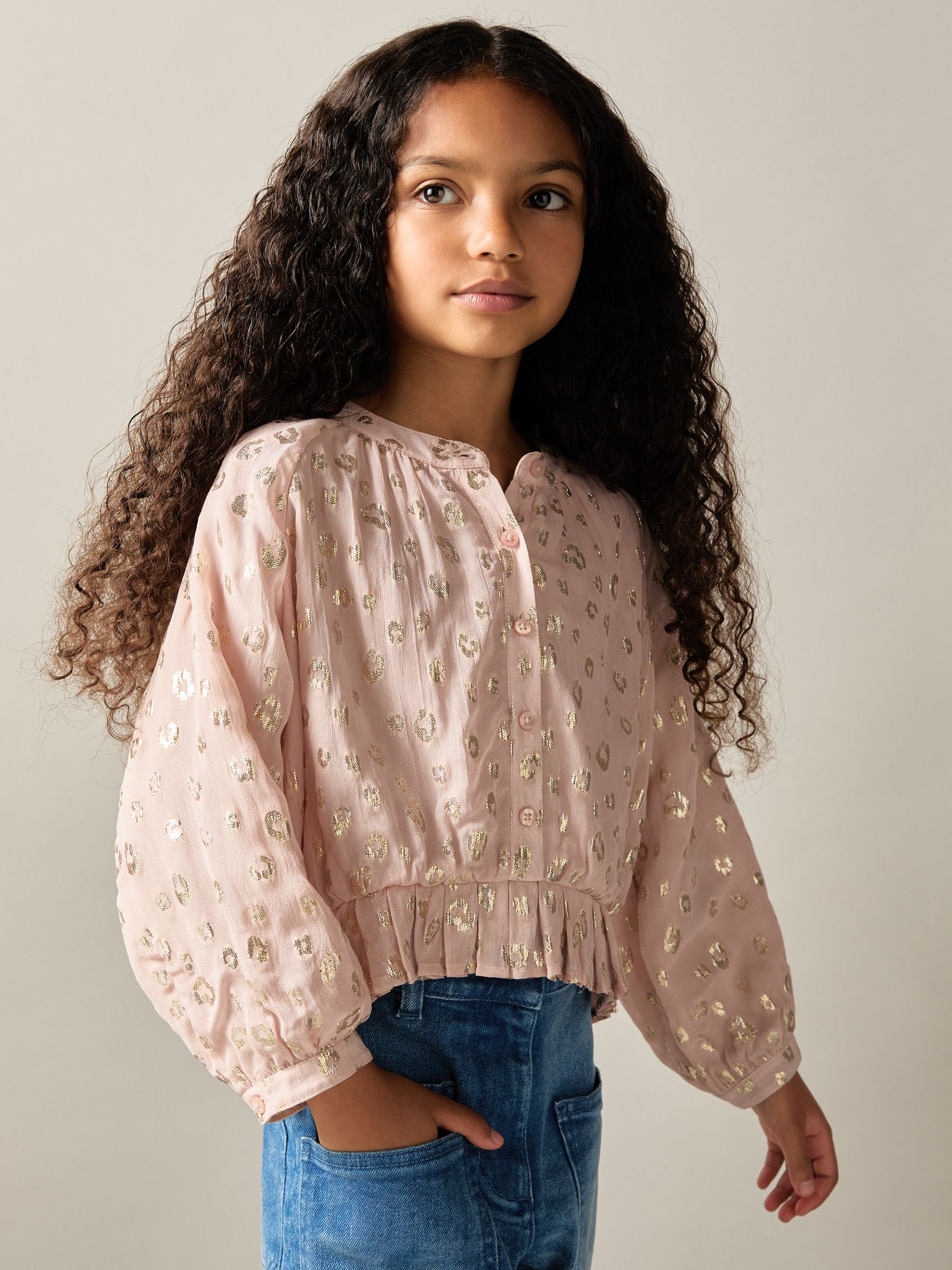 9-13 yrs Metallic Print Puff Sleeve Ruffle Top in Pink