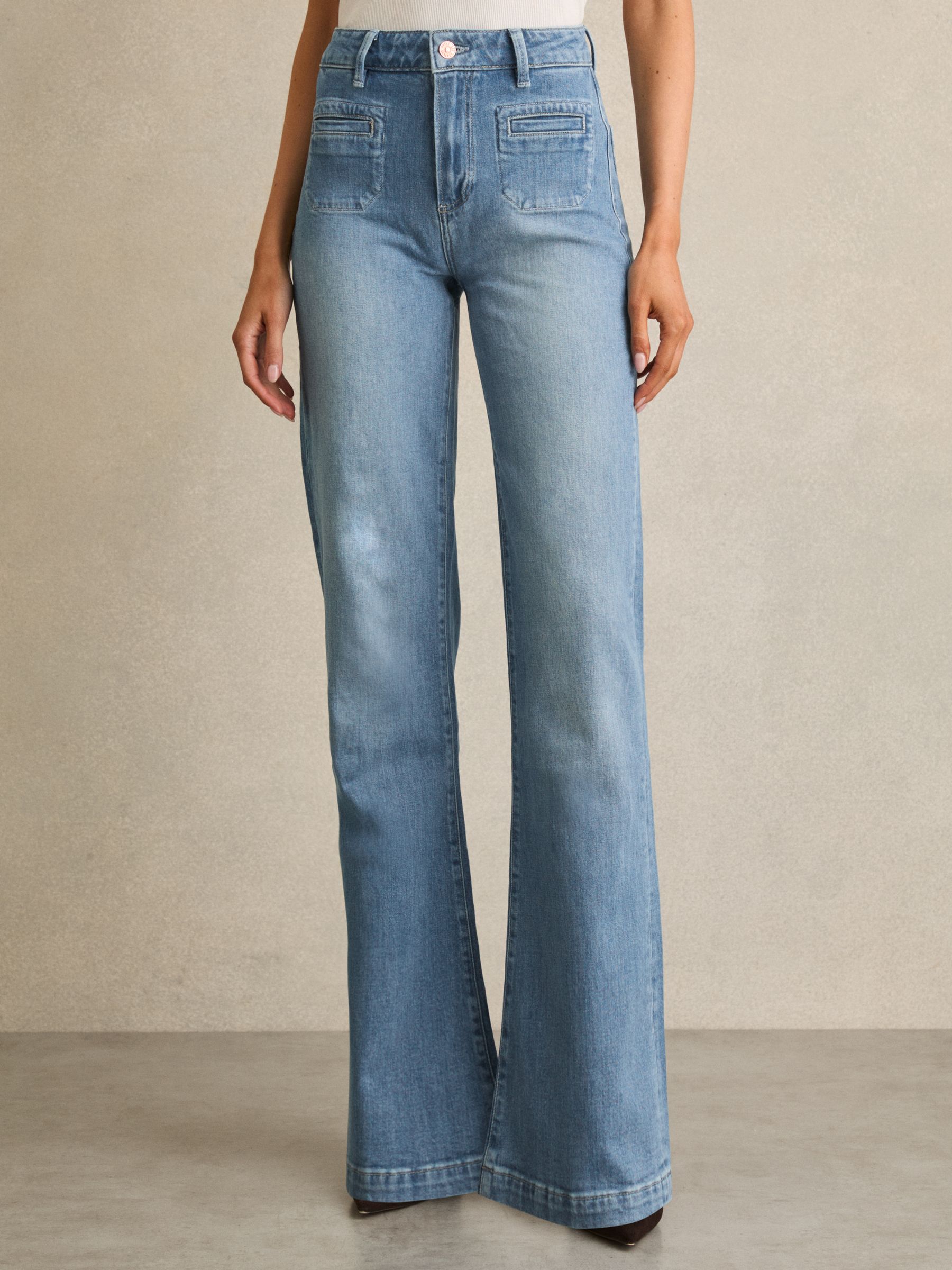 Paige Wide-Leg Patch-Pocket Jeans in Adley Blue