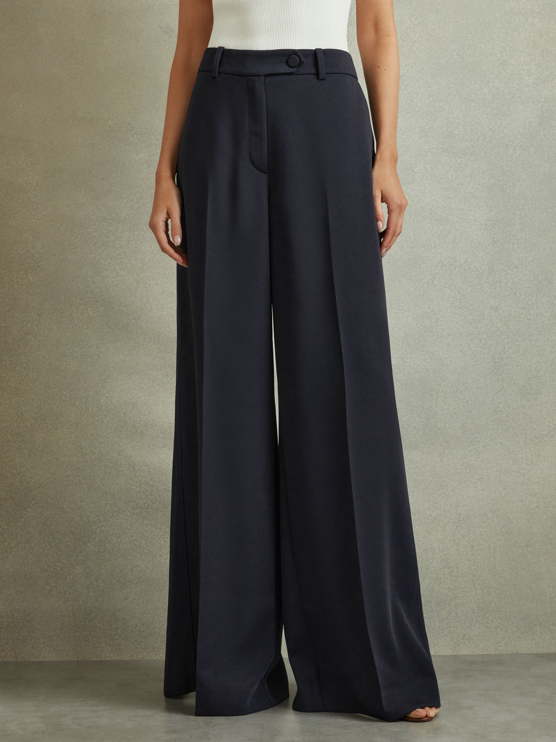 Wide Leg Split Hem Trousers in Navy