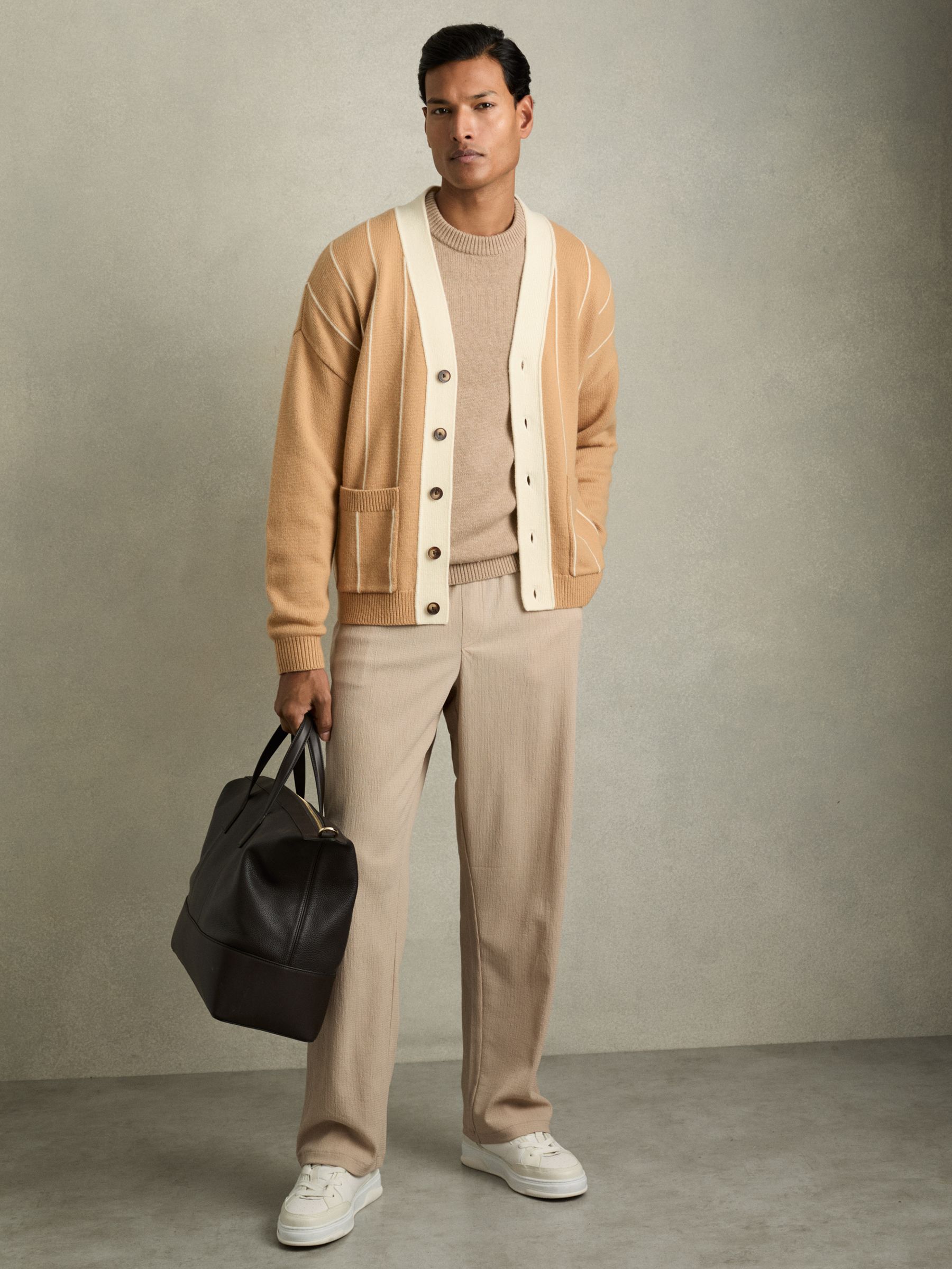 Wool-Blend Pinstripe Cardigan in Camel/White