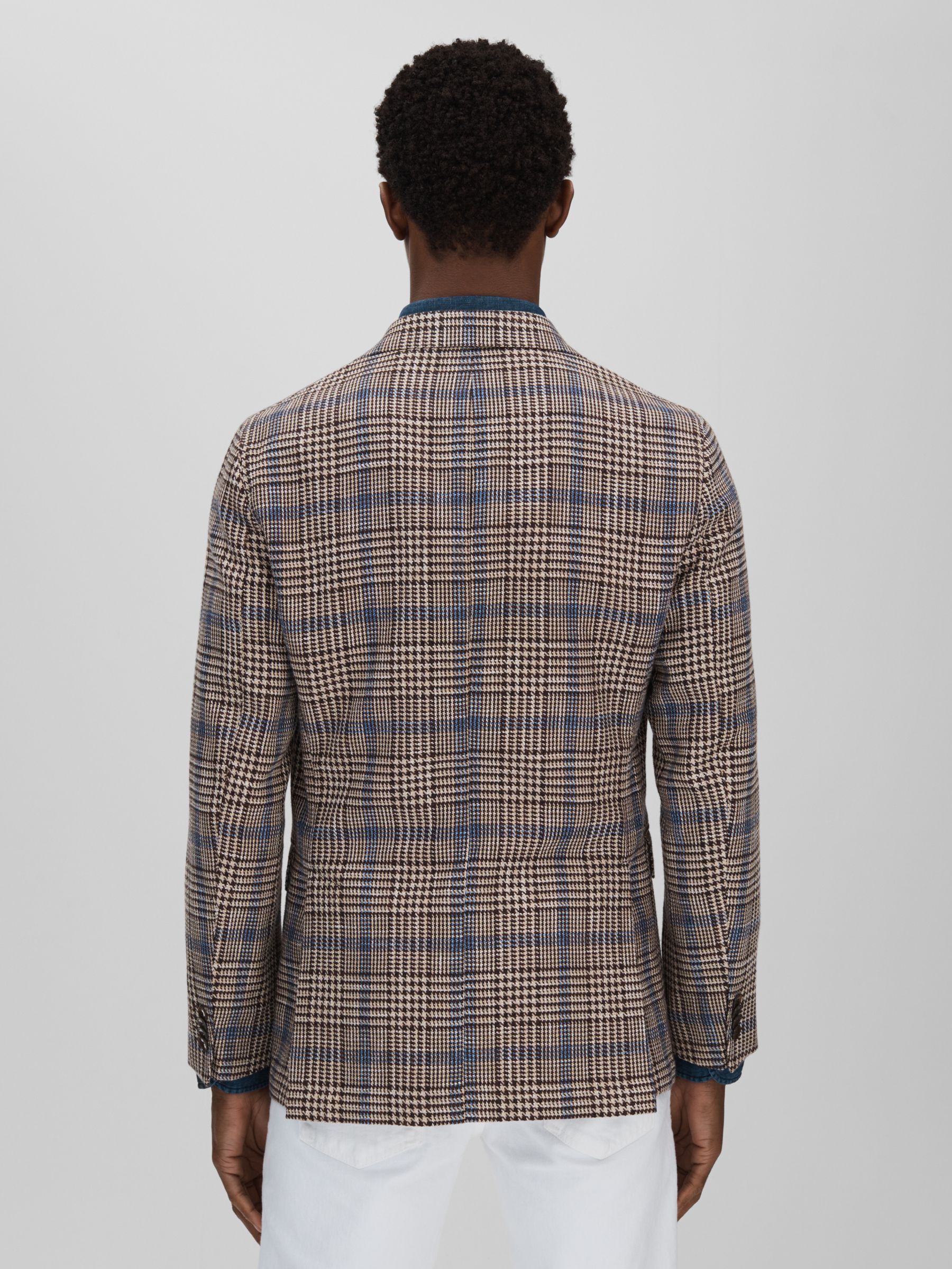 Oscar Jacobson Cotton Linen Single Breasted Check Blazer in Beige