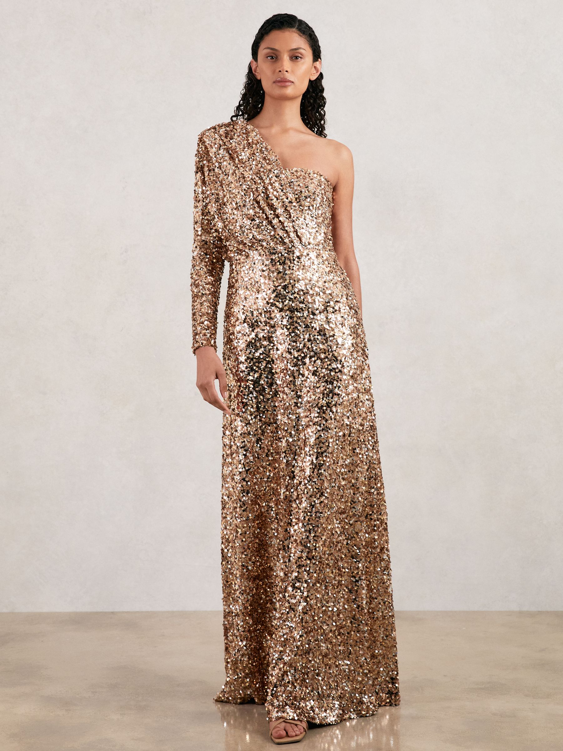 Halston Sequin One Shoulder Maxi Dress in Gold