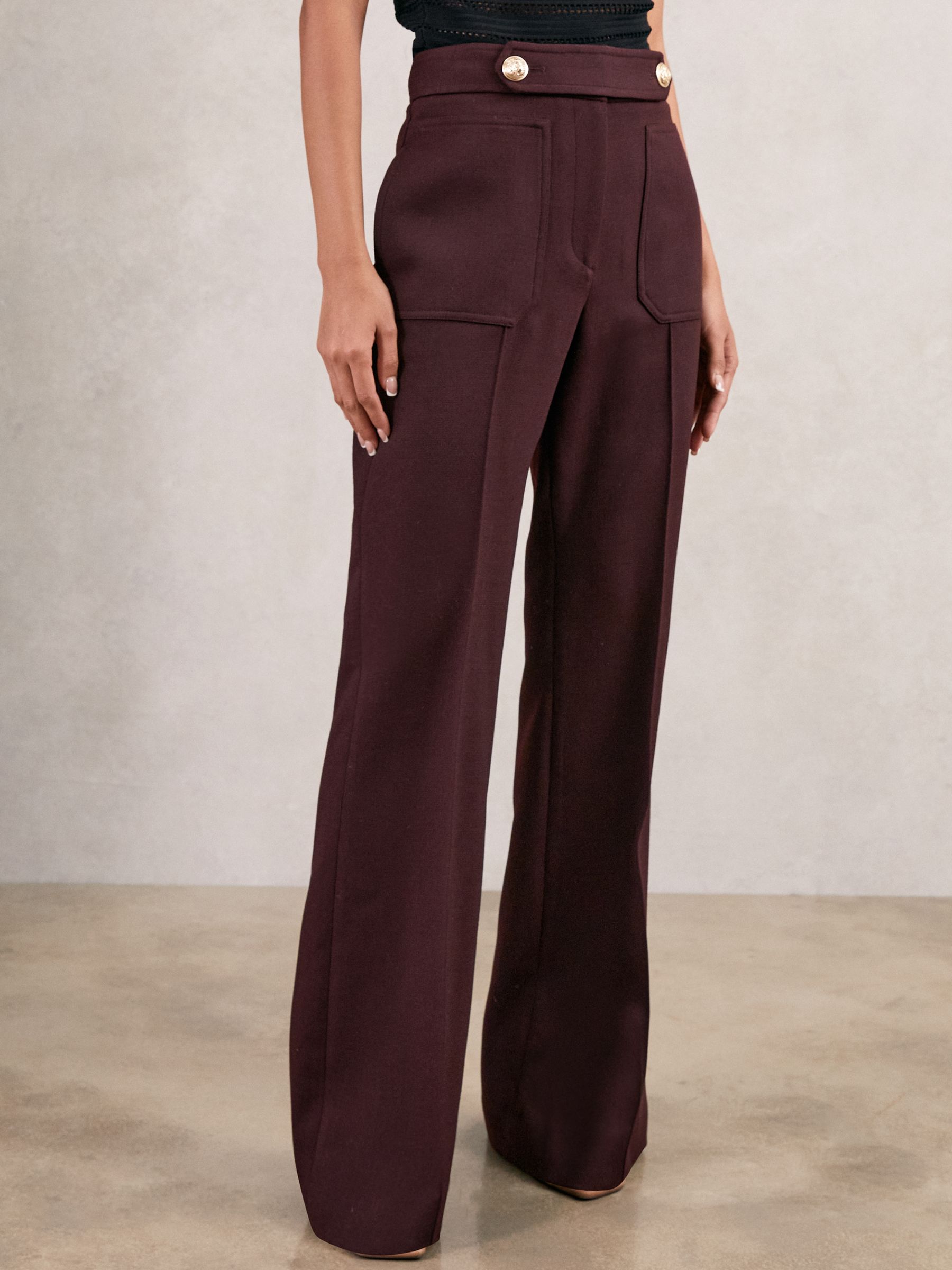 Twill Button-Tab Flared Trousers With Wool in Burgundy