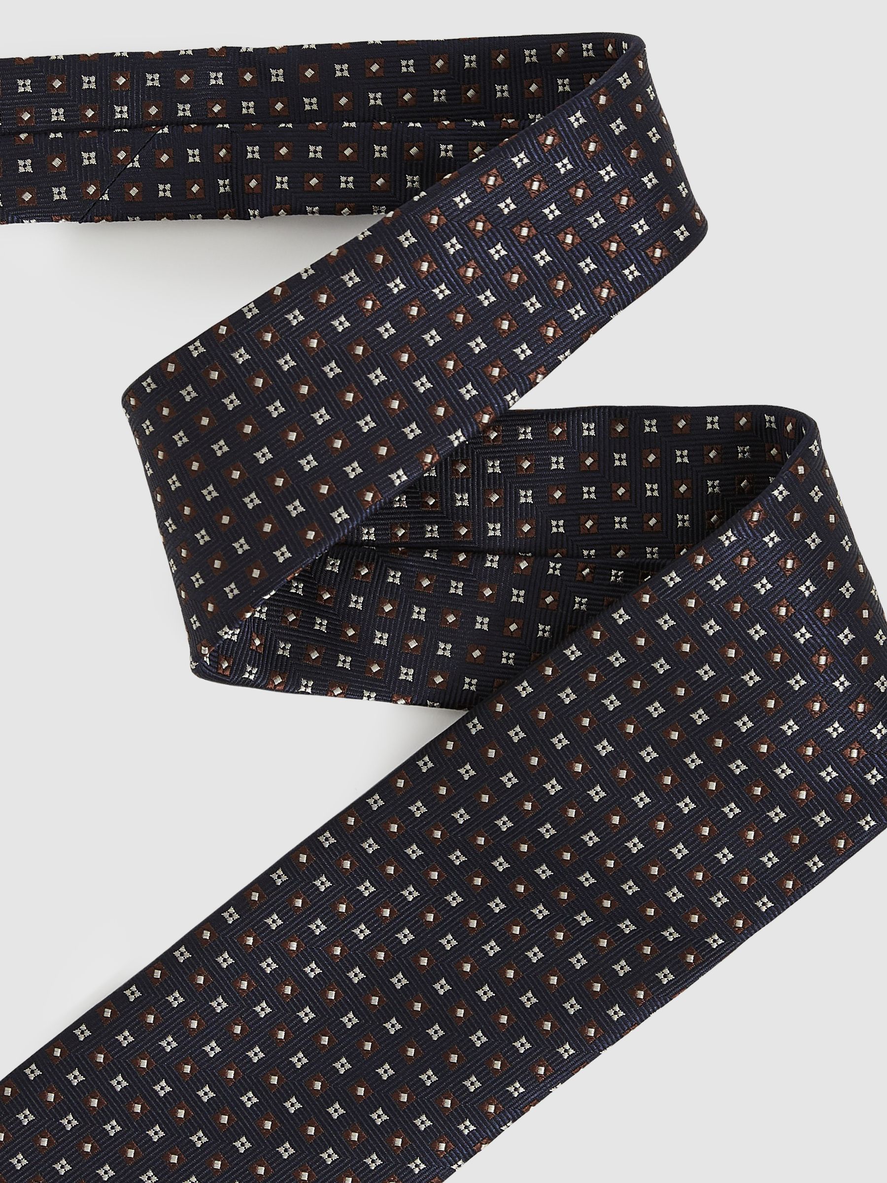 Foulard Silk Blend Floral Print Tie in Navy/Tobacco