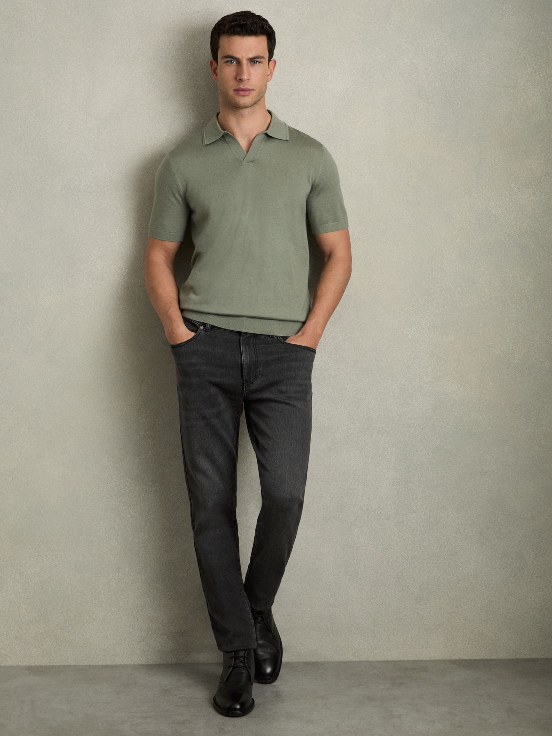 Merino Wool Open Collar Polo Shirt in Herb Green