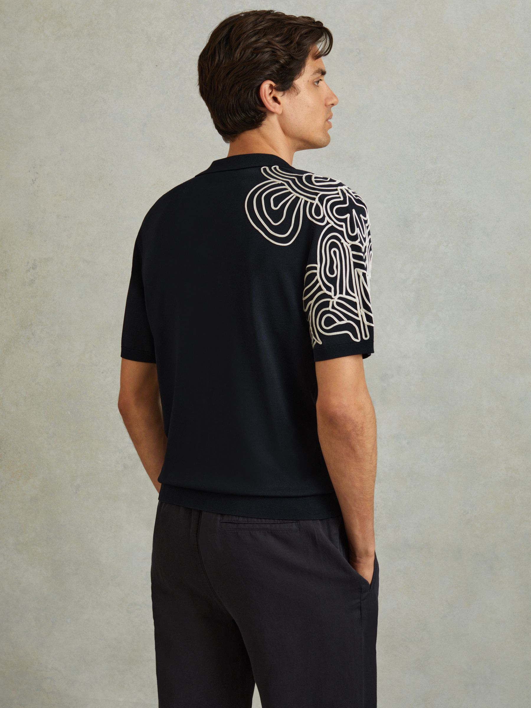 Jersey Embroidered Cuban Collar Shirt in Navy