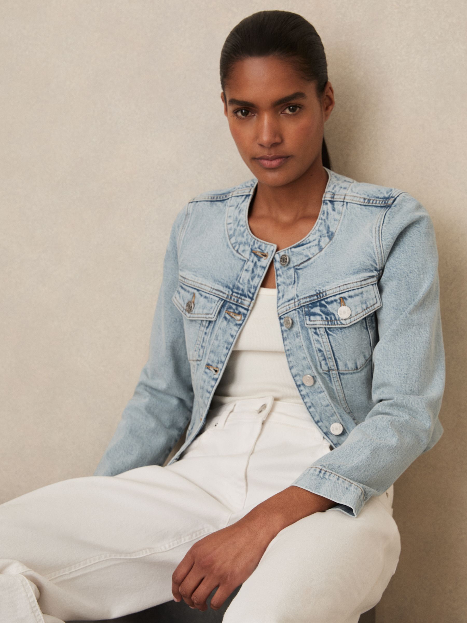 Collarless Cropped Denim Jacket in Light Blue