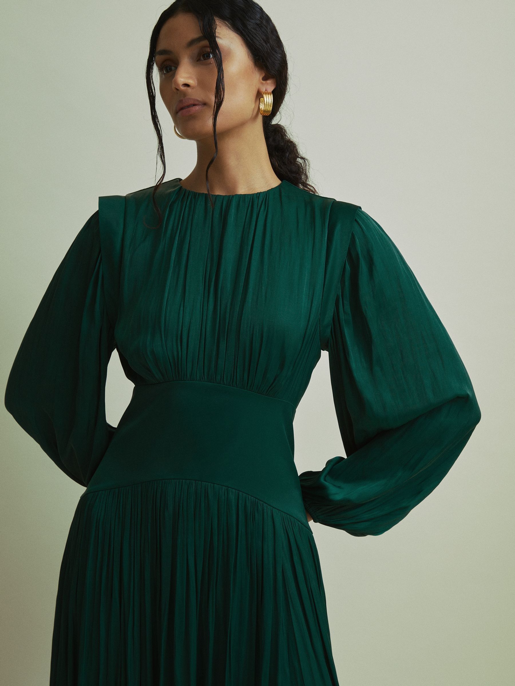 Florere Blouson Sleeve Midi Dress in Dark Green