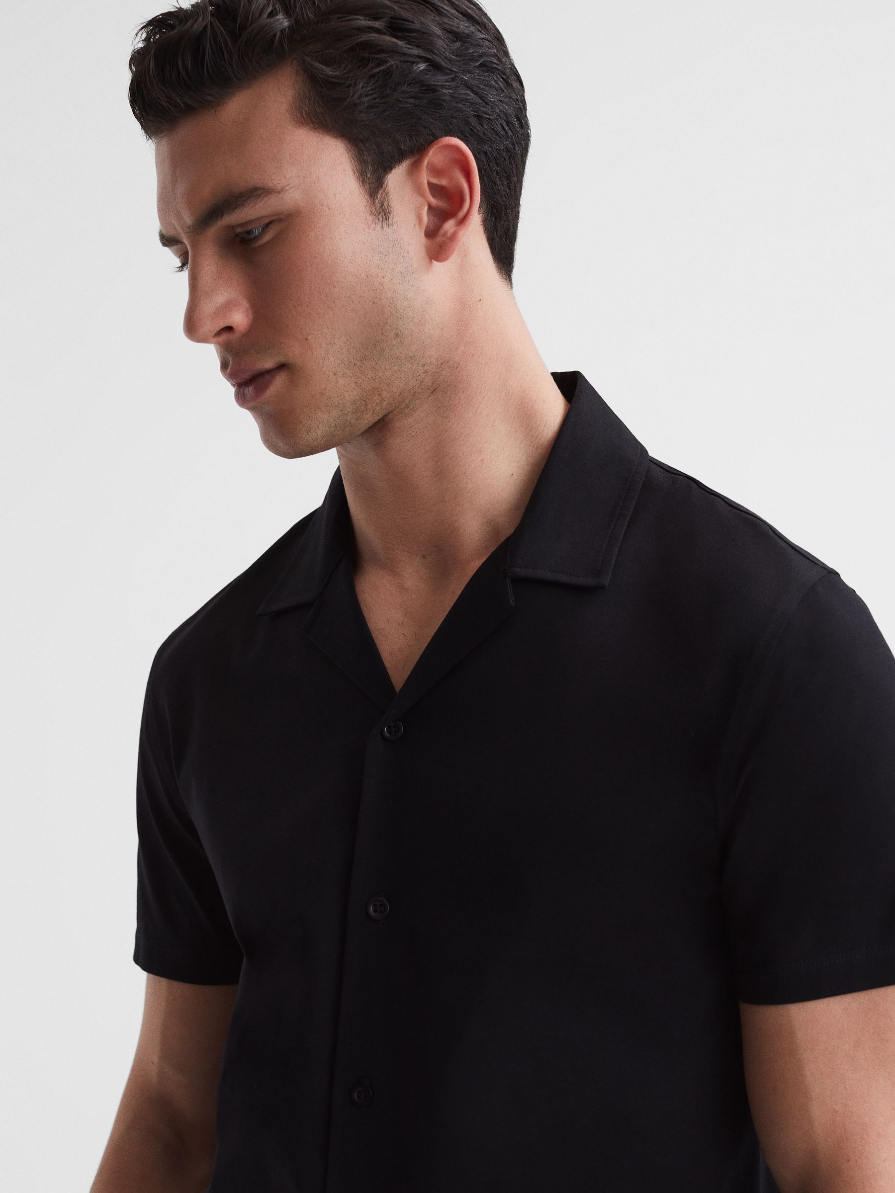 Mercerised Jersey Cuban Collar Shirt in Black