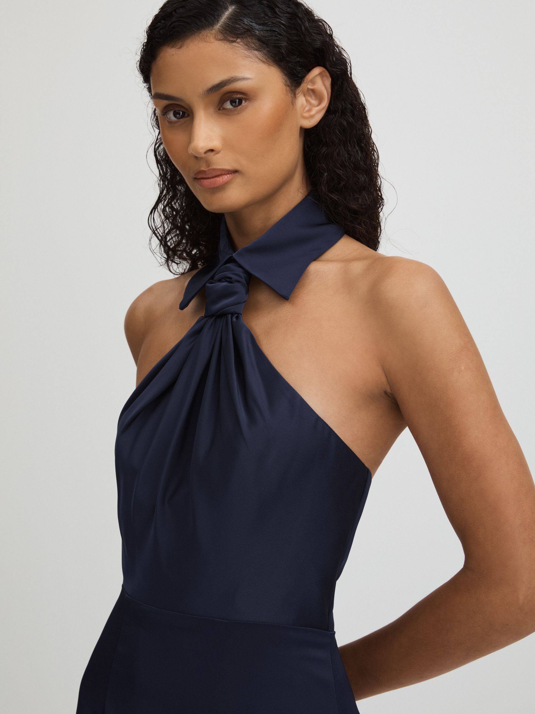 Gemi Navy Halston Satin Halter Neck Maxi Dress