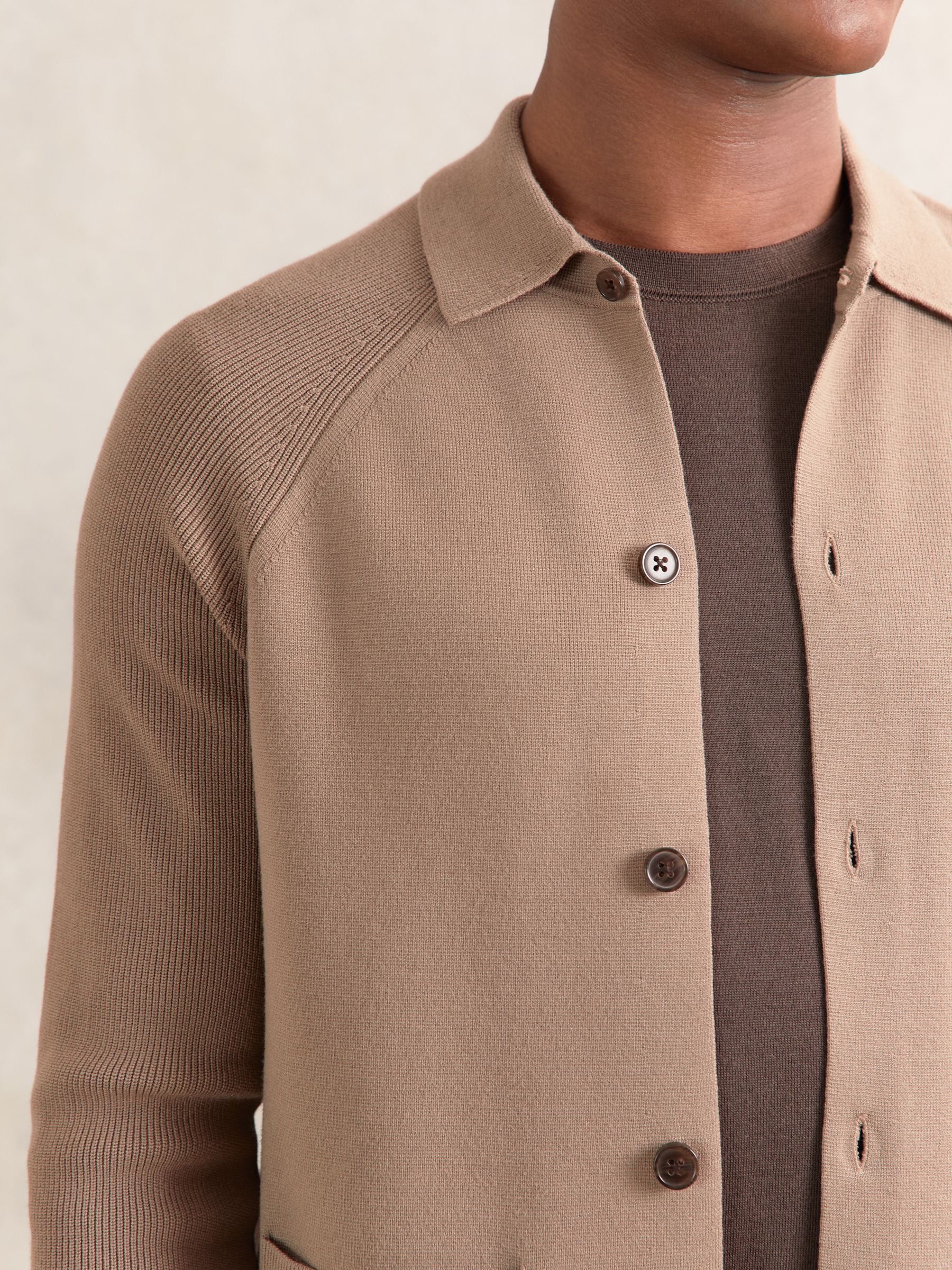 Button-Through Ribbed-Sleeve Shirt in Camel Brown
