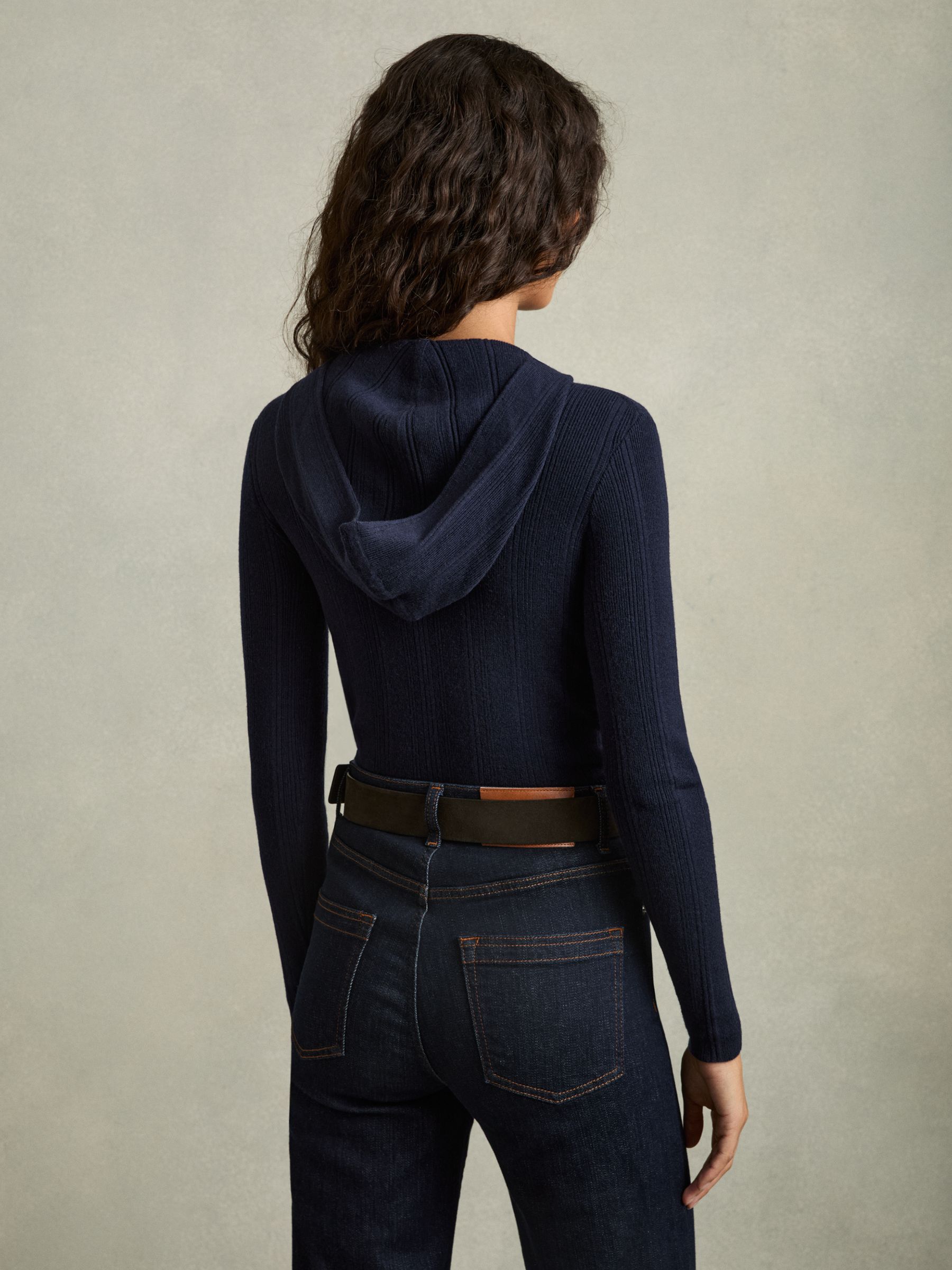 Wool-Blend Rib-Knit Hooded Jumper in Navy