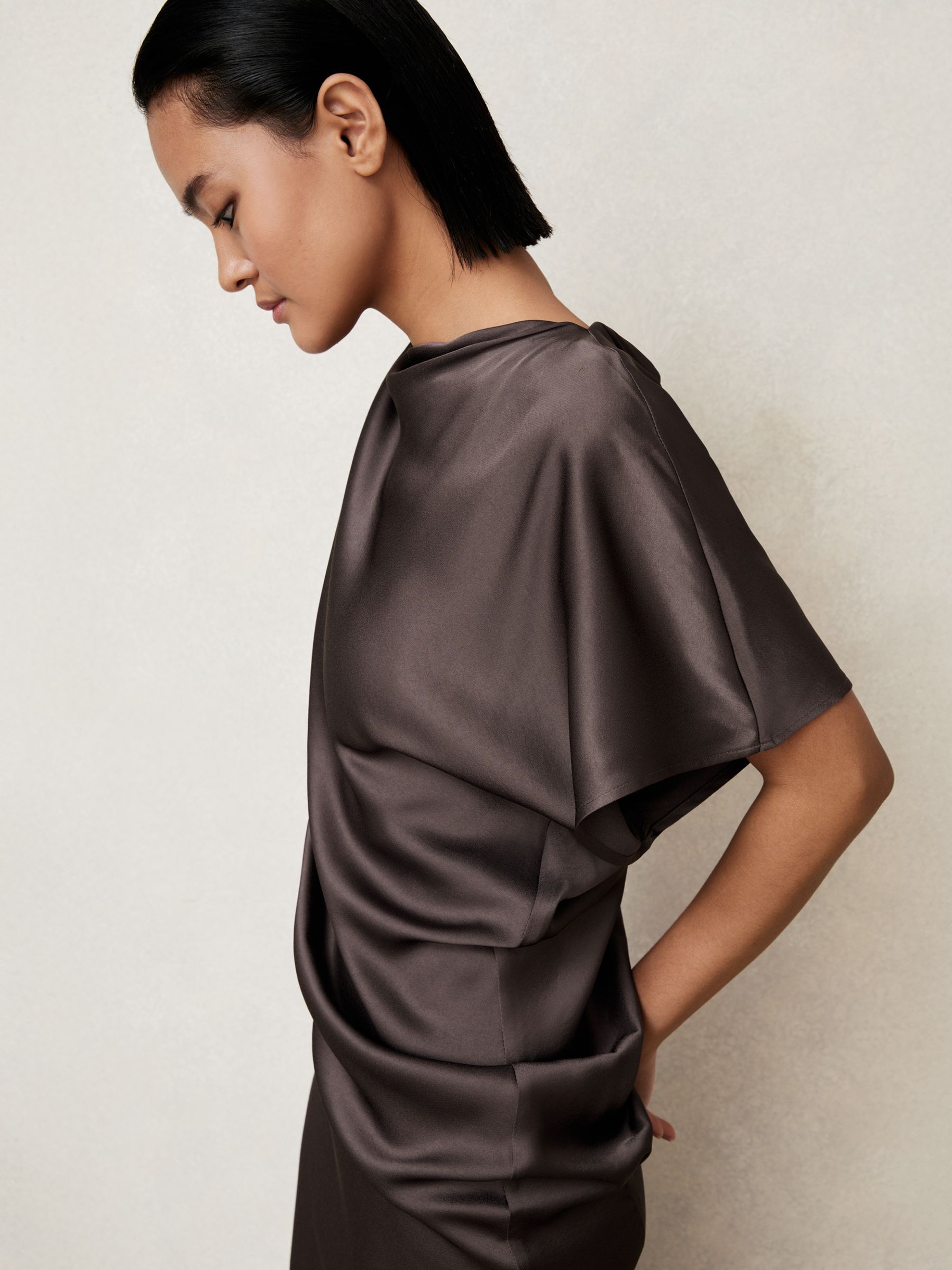 Satin Asymmetric Draped Midi Dress in Mauve