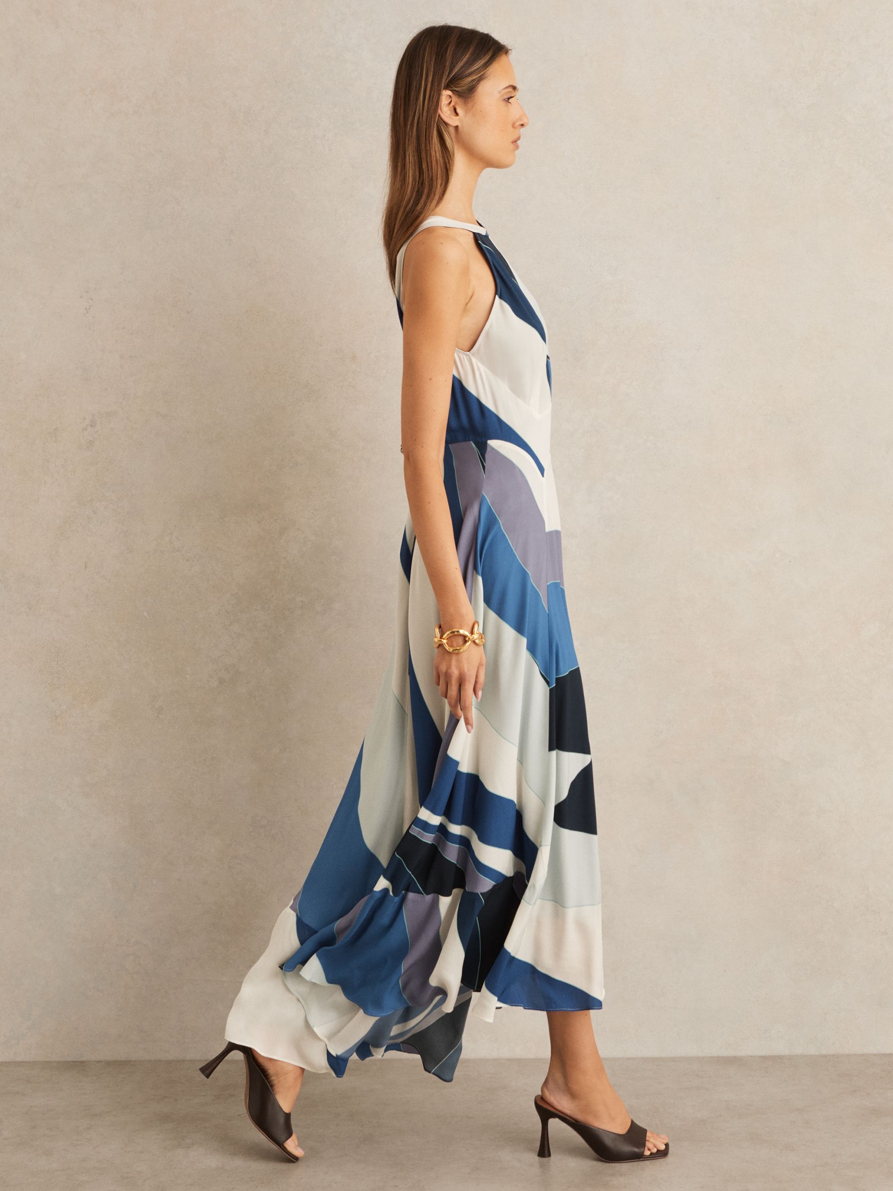 Stripe Print V-Back Midi Dress in Blue