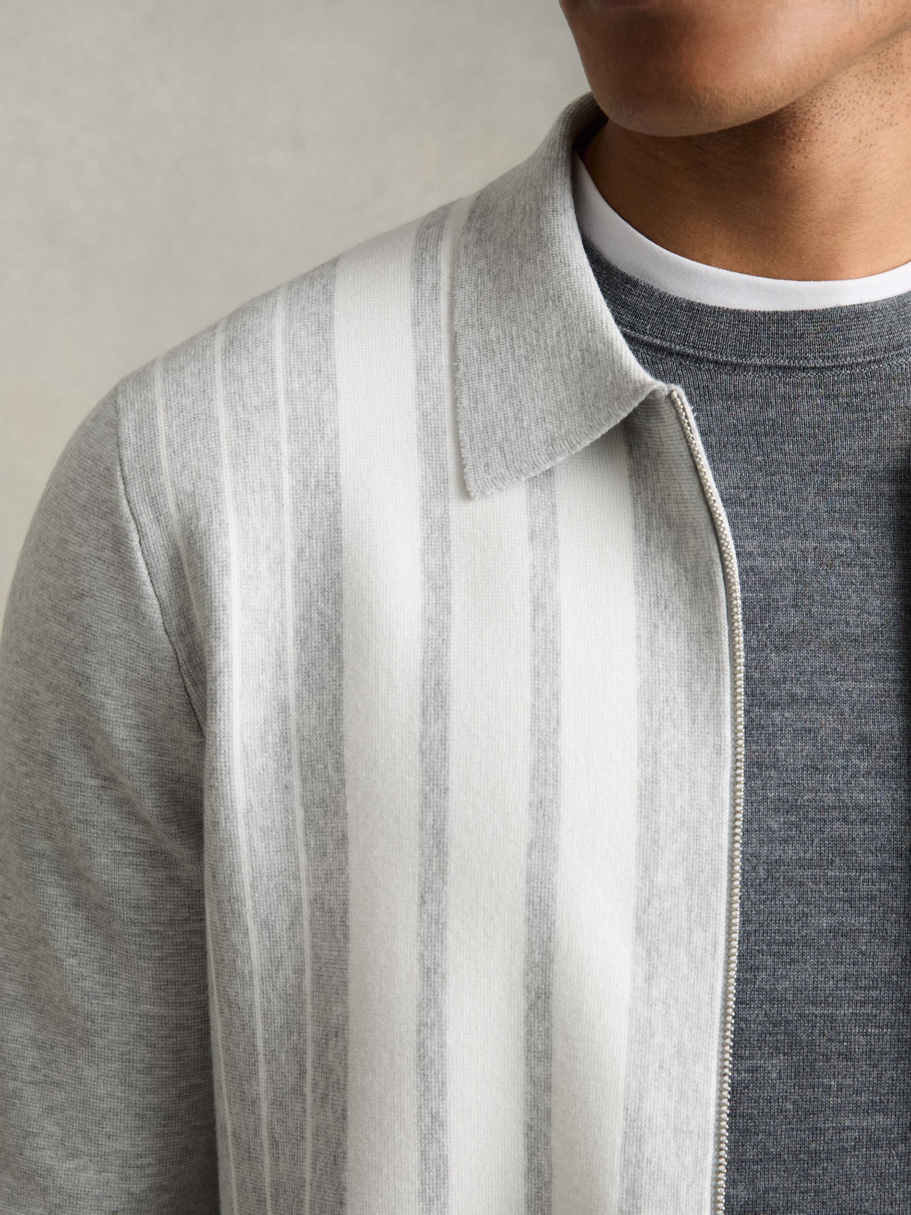 Striped Zip Through Knitted Jacket in Grey Melange/White