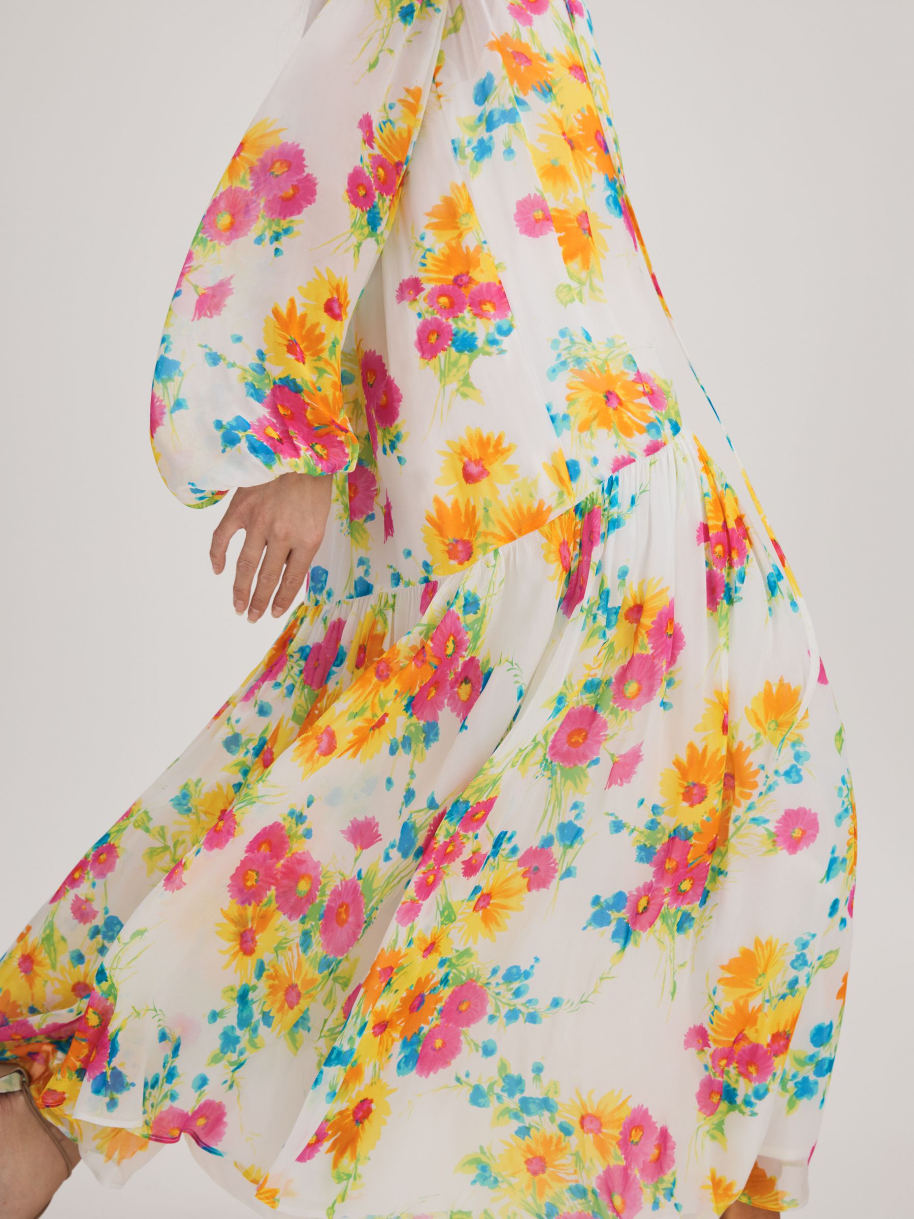 Florere Printed Tie Neck Midi Dress in Ivory/Multi