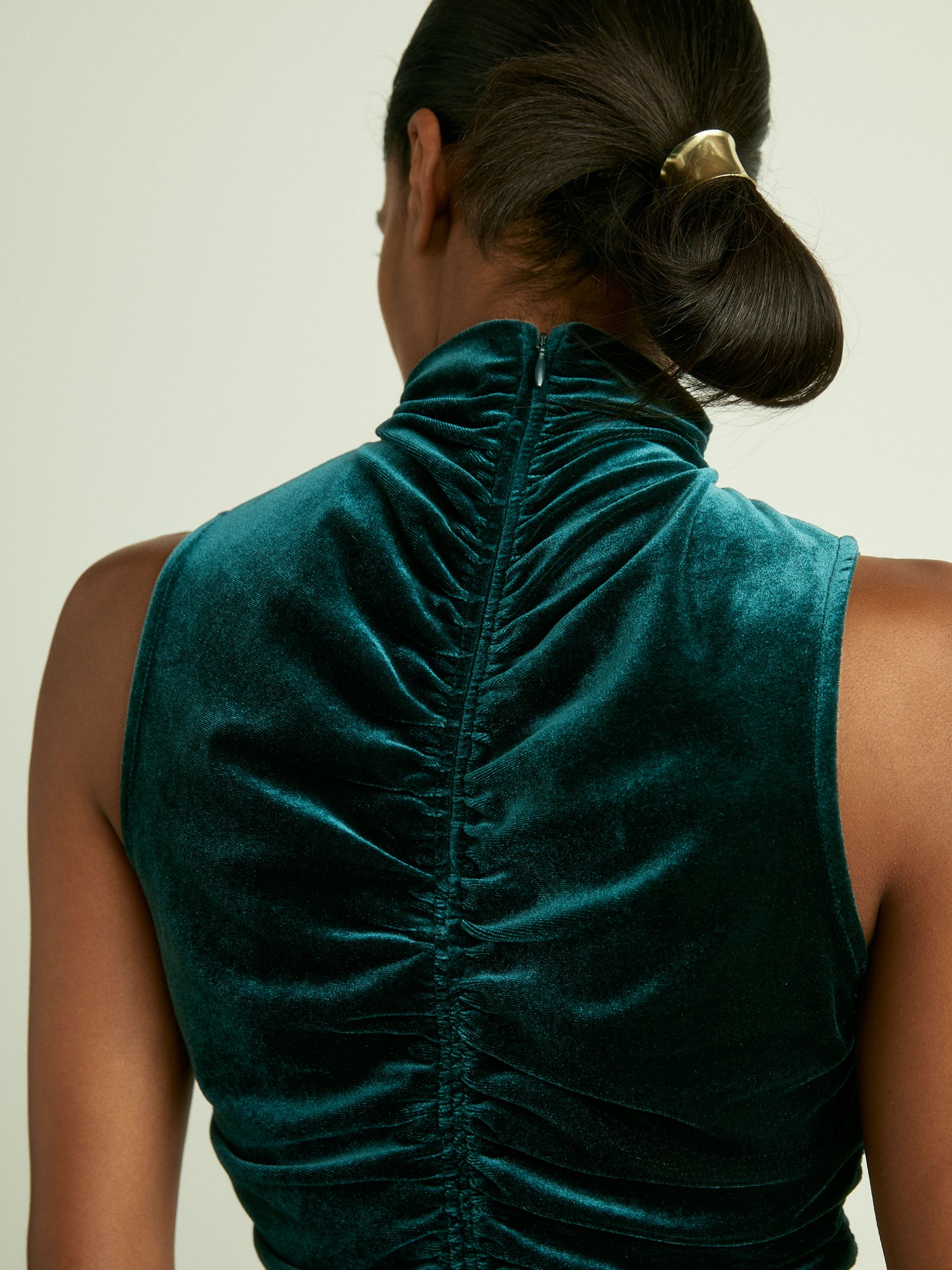 Racer-Front Ruched-Velvet Sleeveless Top in Teal