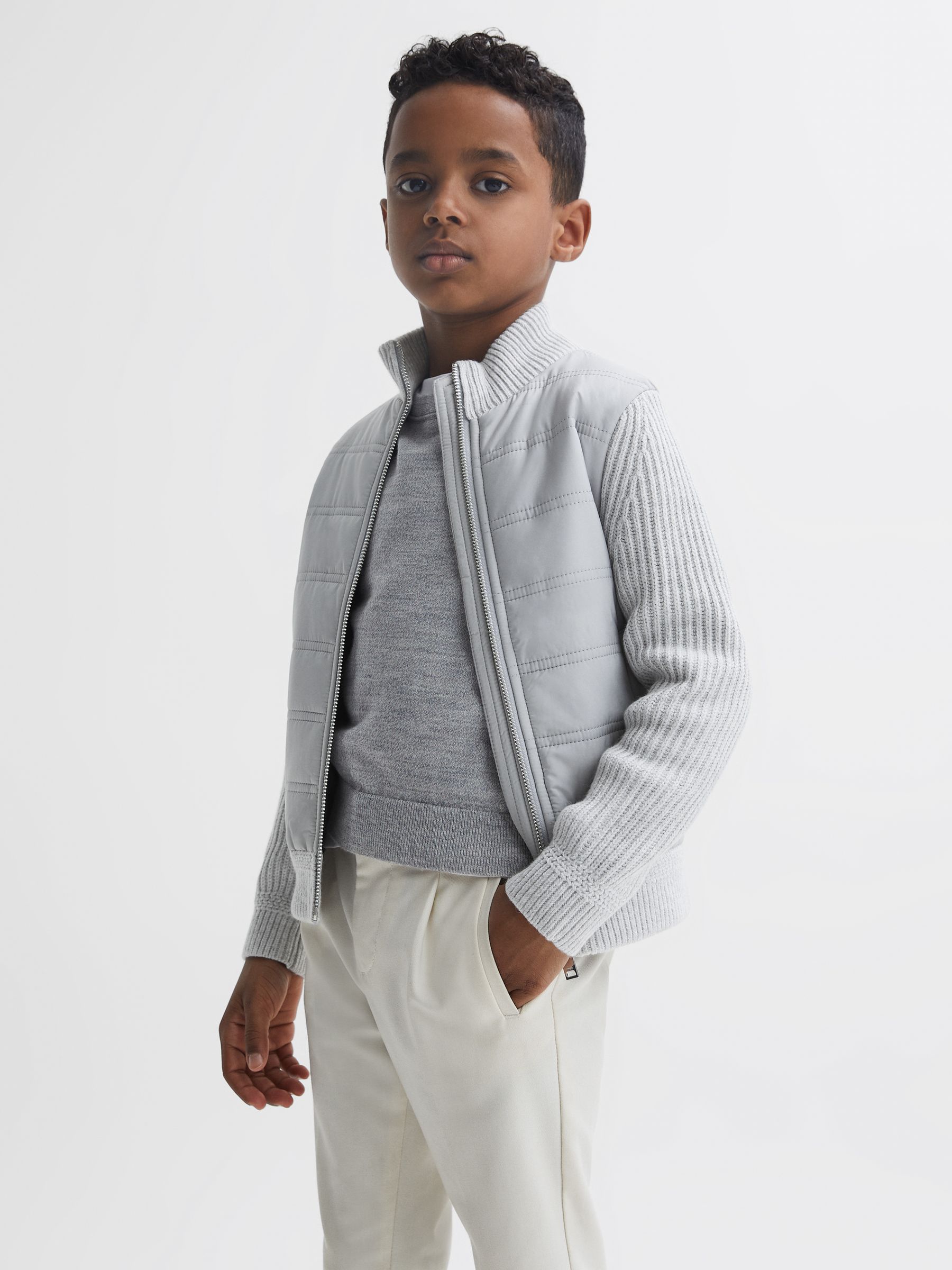 9-14 yrs Hybrid Zip Through Quilted Jacket in Soft Grey Melange