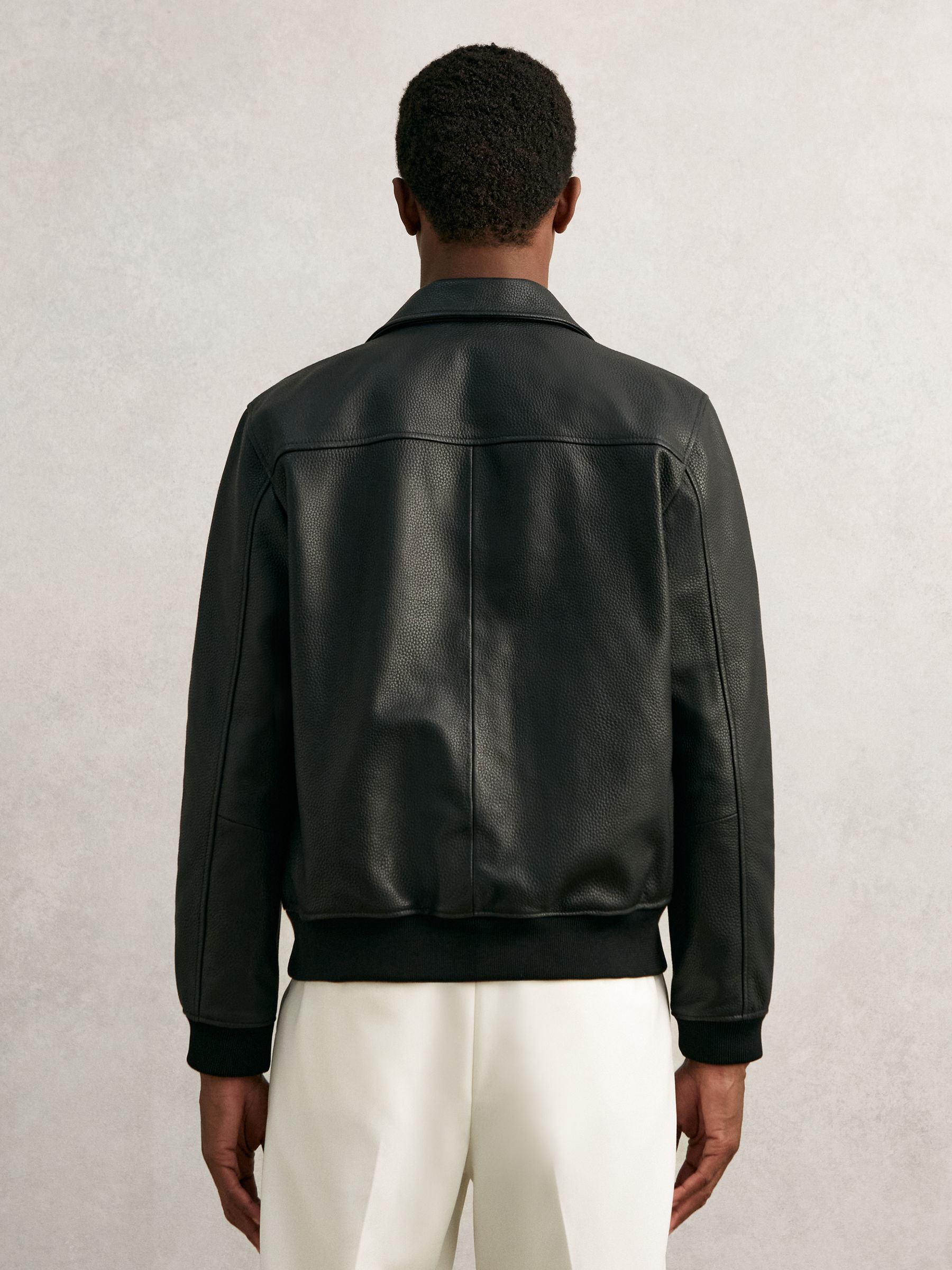 Grained Leather Zip Through Jacket in Black