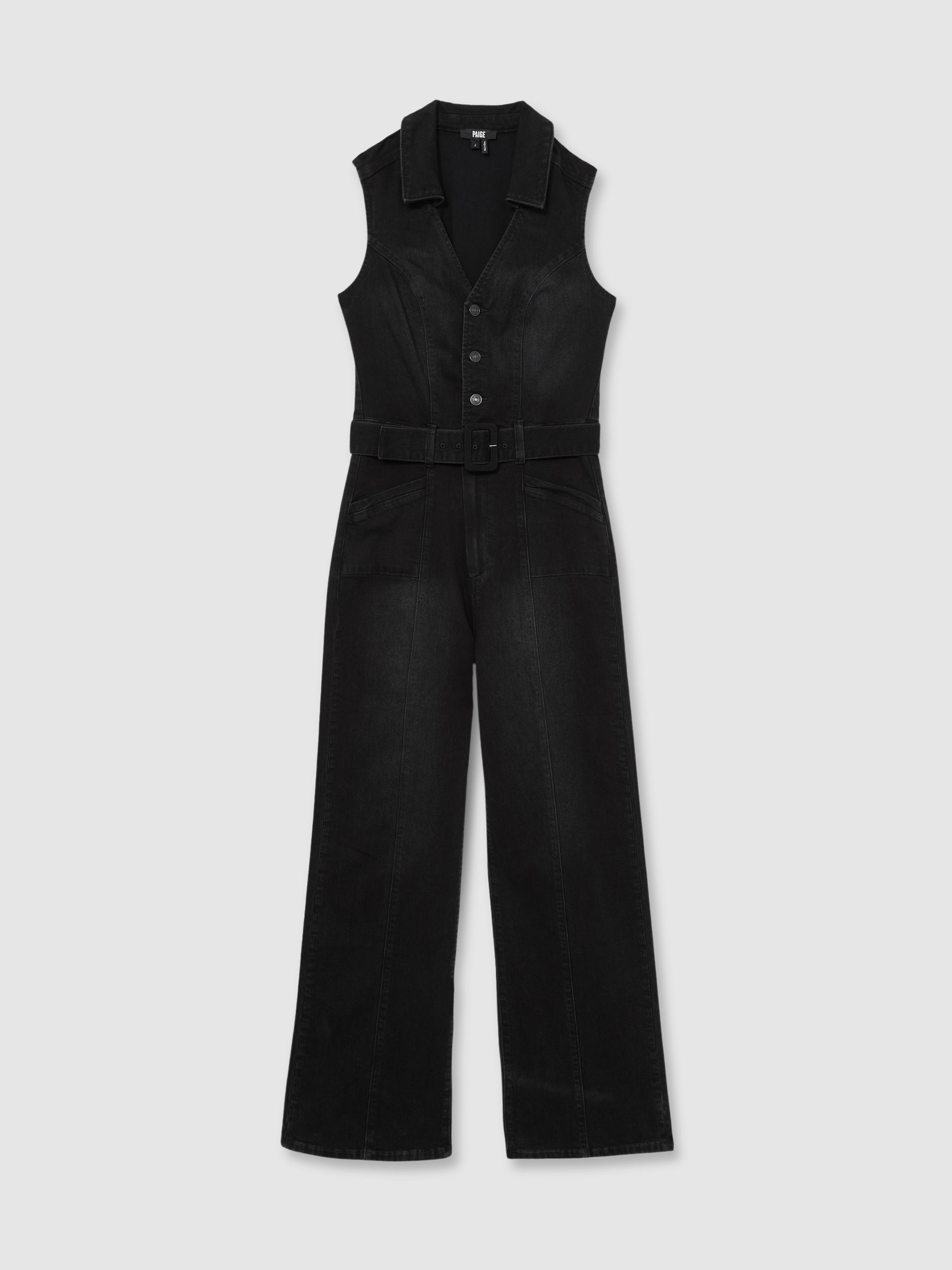 Paige Sleeveless Denim Jumpsuit in Washed Black