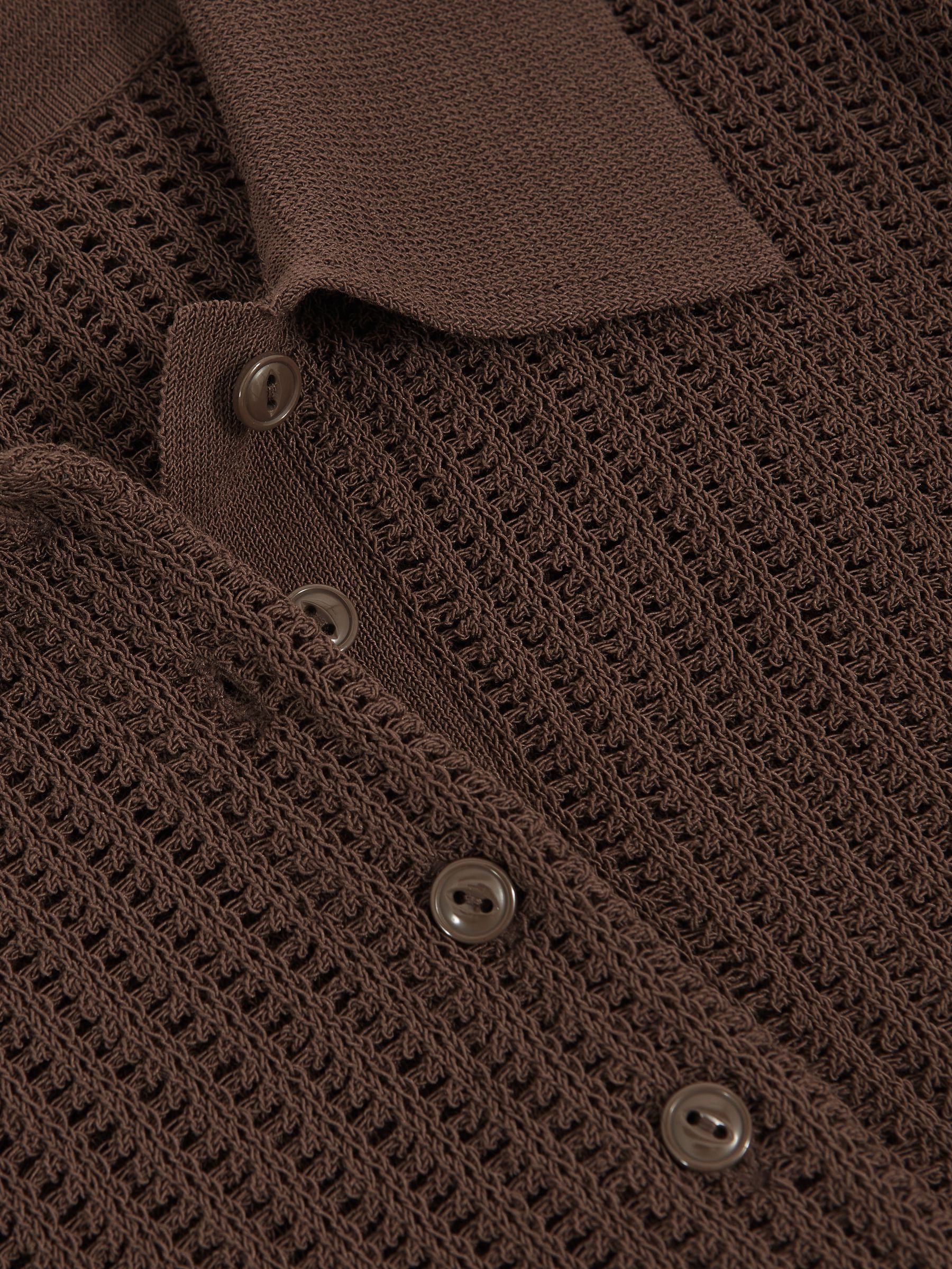 Open-Knit Long-Sleeve Polo Top in Chocolate Brown