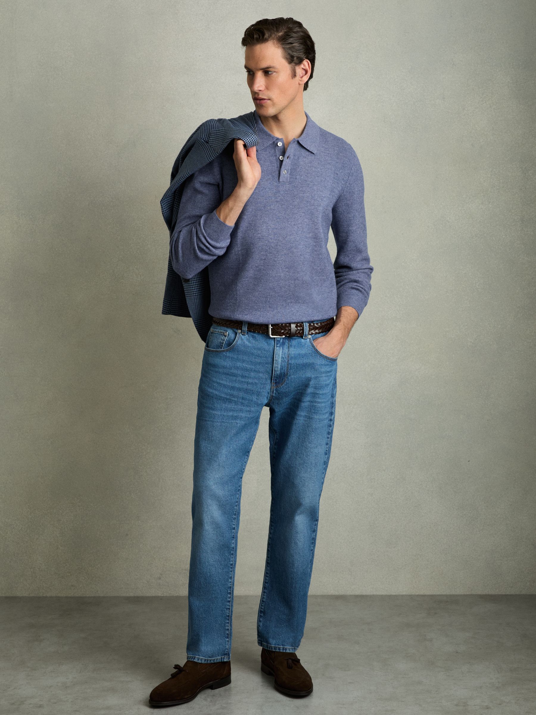 Wool Textured Long Sleeve Polo Shirt in Soft Blue