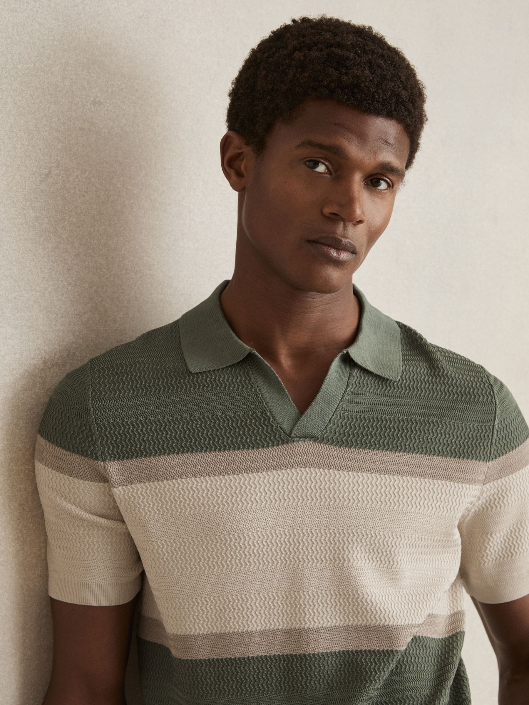 Textured Knit Stripe Polo Shirt in Sage Green