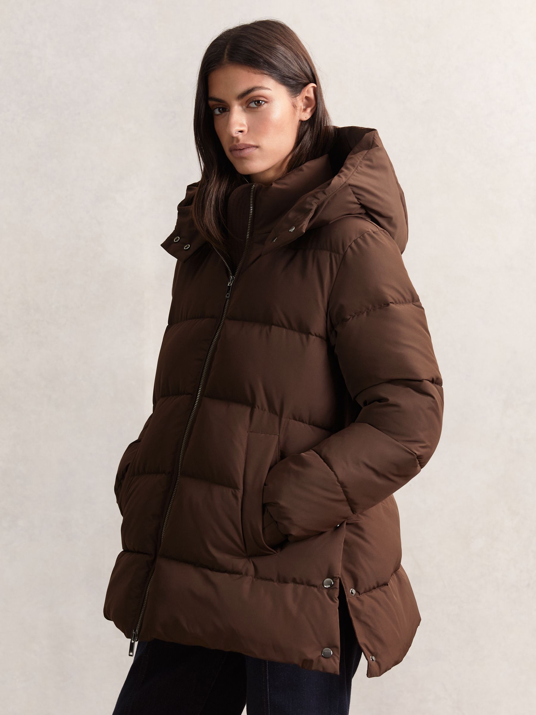 Short Hooded Puffer Coat in Chocolate Brown