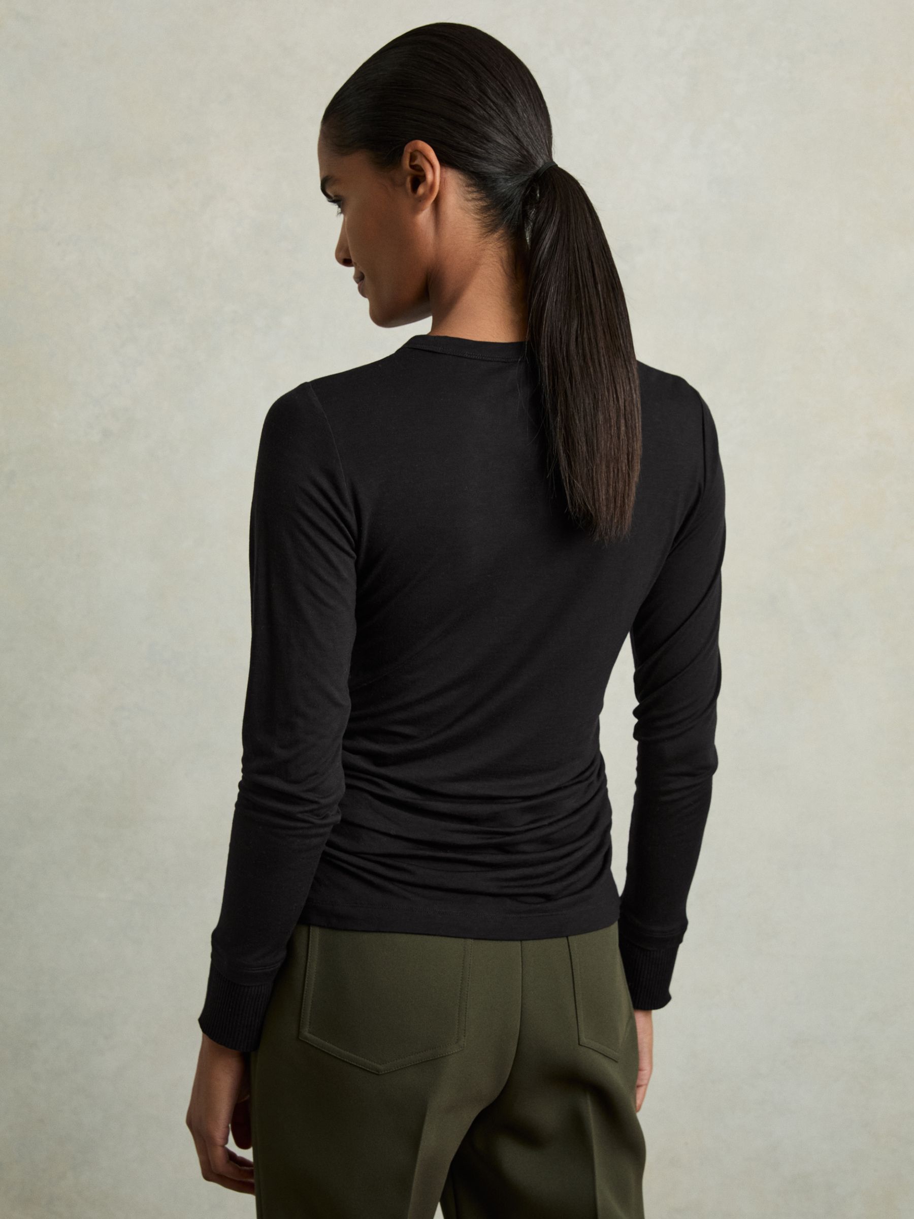 Ruched Side Crew-Neck Top in Black
