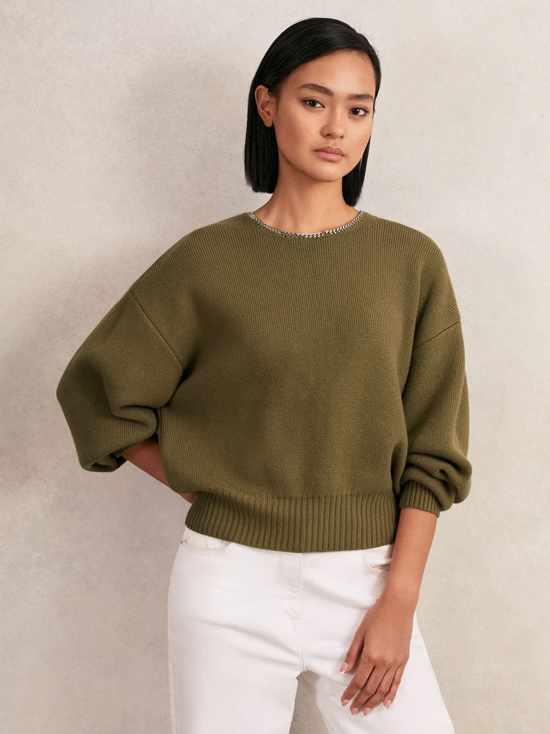 Wool-Blend Necklace-Trim Jumper with Cashmere in Sage Green