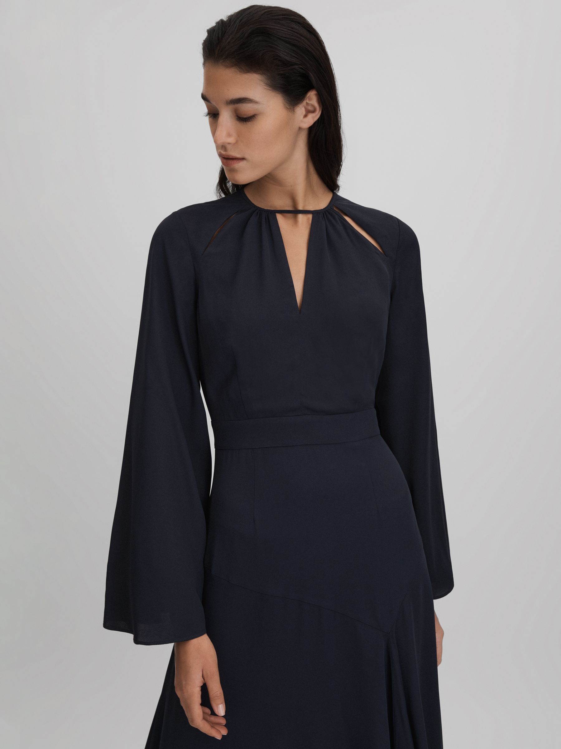 Flute Sleeve Midi Dress in Navy
