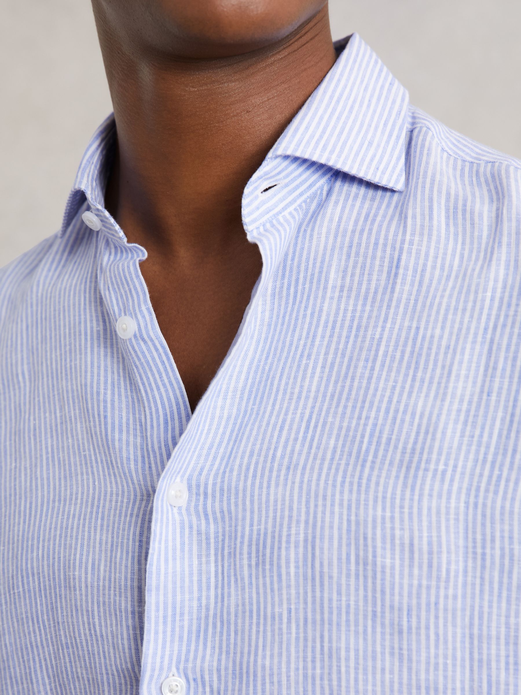 Linen Striped Long Sleeve Shirt in Soft Blue/White Fine Stripe