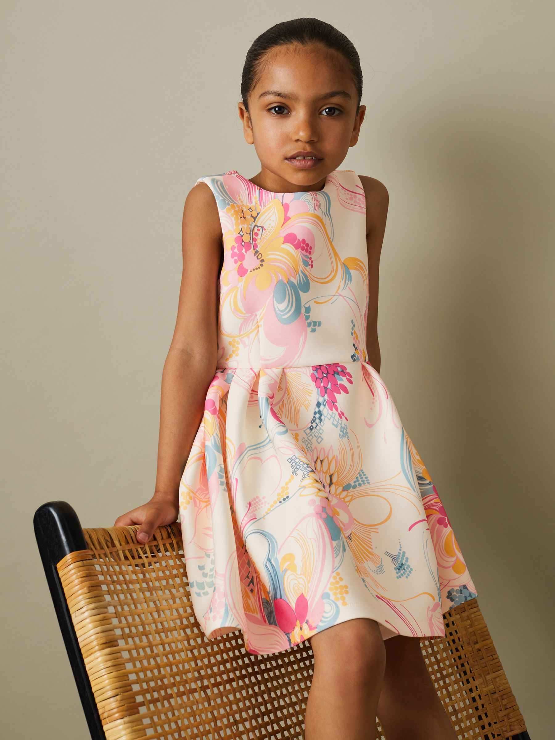 9-13 yrs Pleated Scuba Dress in Pink Print