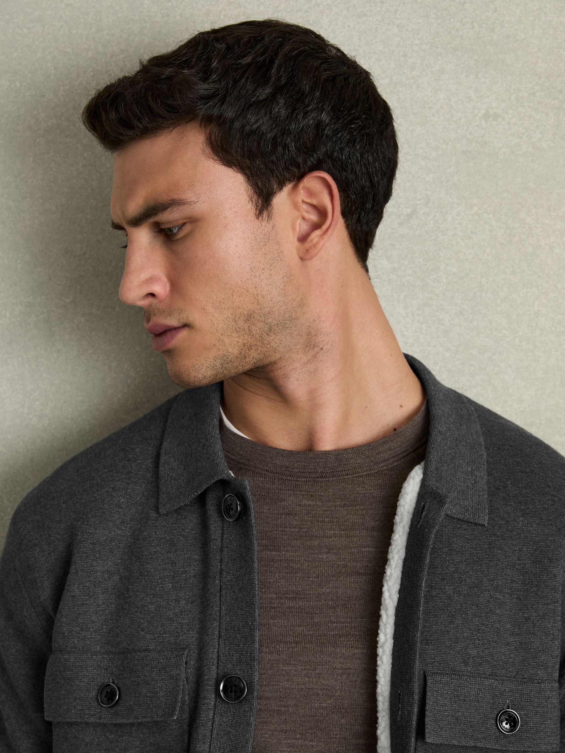 Fleece-Lined Button-Through Jacket in Mid Grey Melange