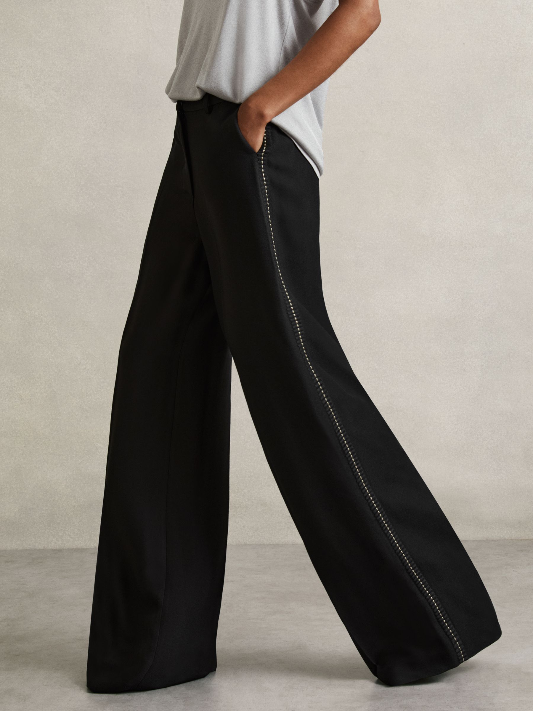 Atelier Crepe Wide-Leg Stitch Trousers in Black