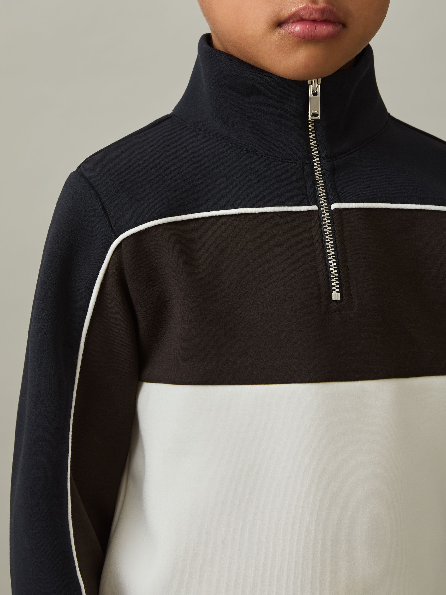3-9 yrs Colour-Block Half-Zip Sweatshirt in Chocolate Brown/Navy/Off White