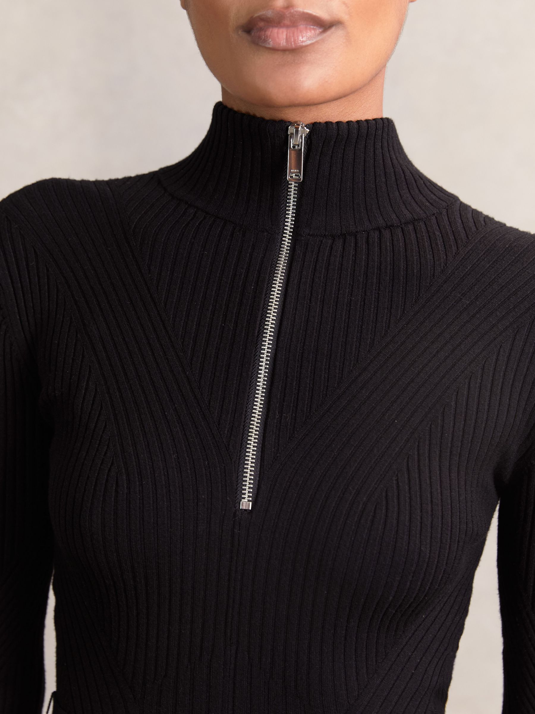 Rib-Knit Belted Half-Zip Flippy Dress in Black