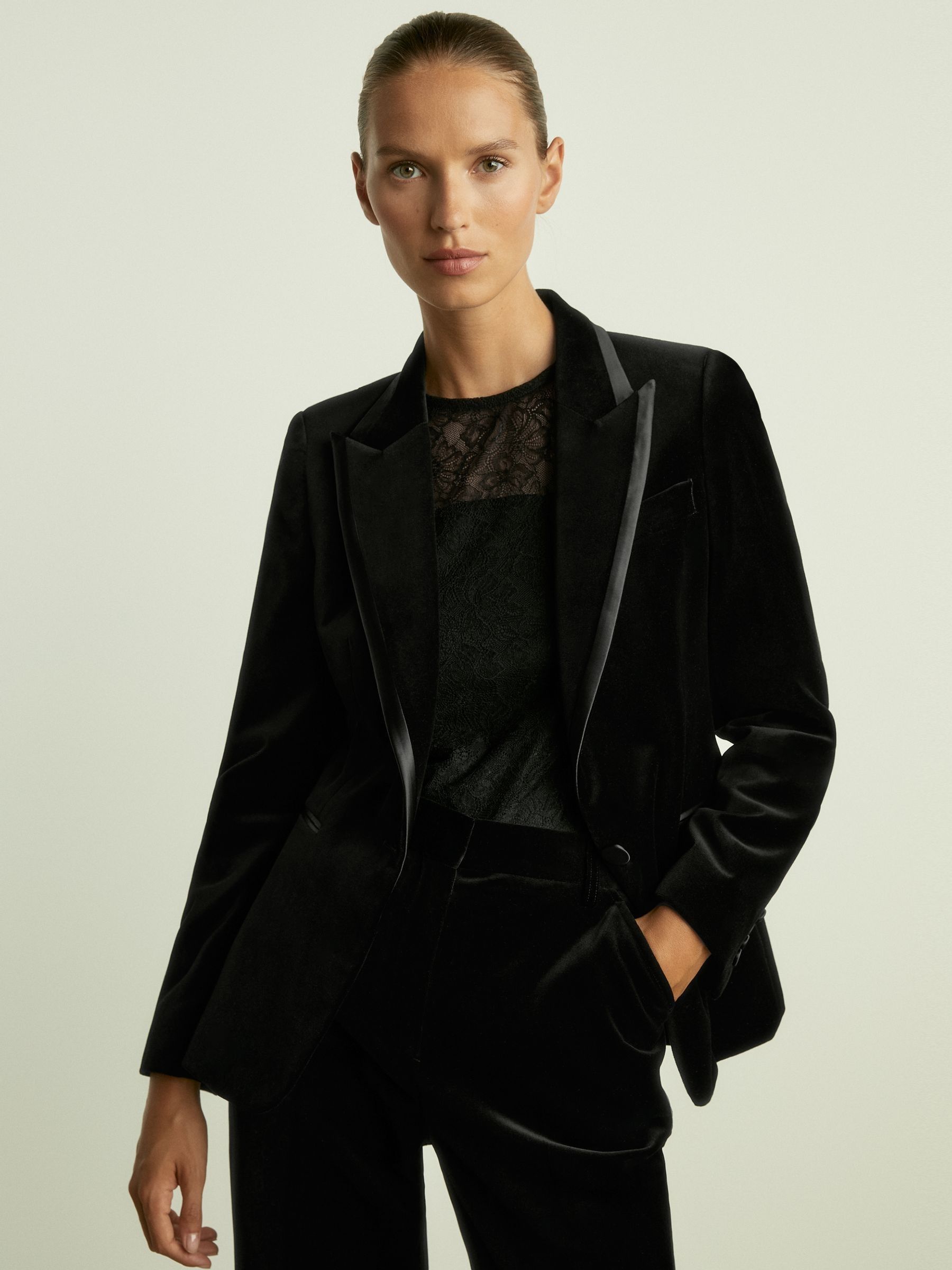 Velvet and Satin Single Breasted Suit Jacket in Black