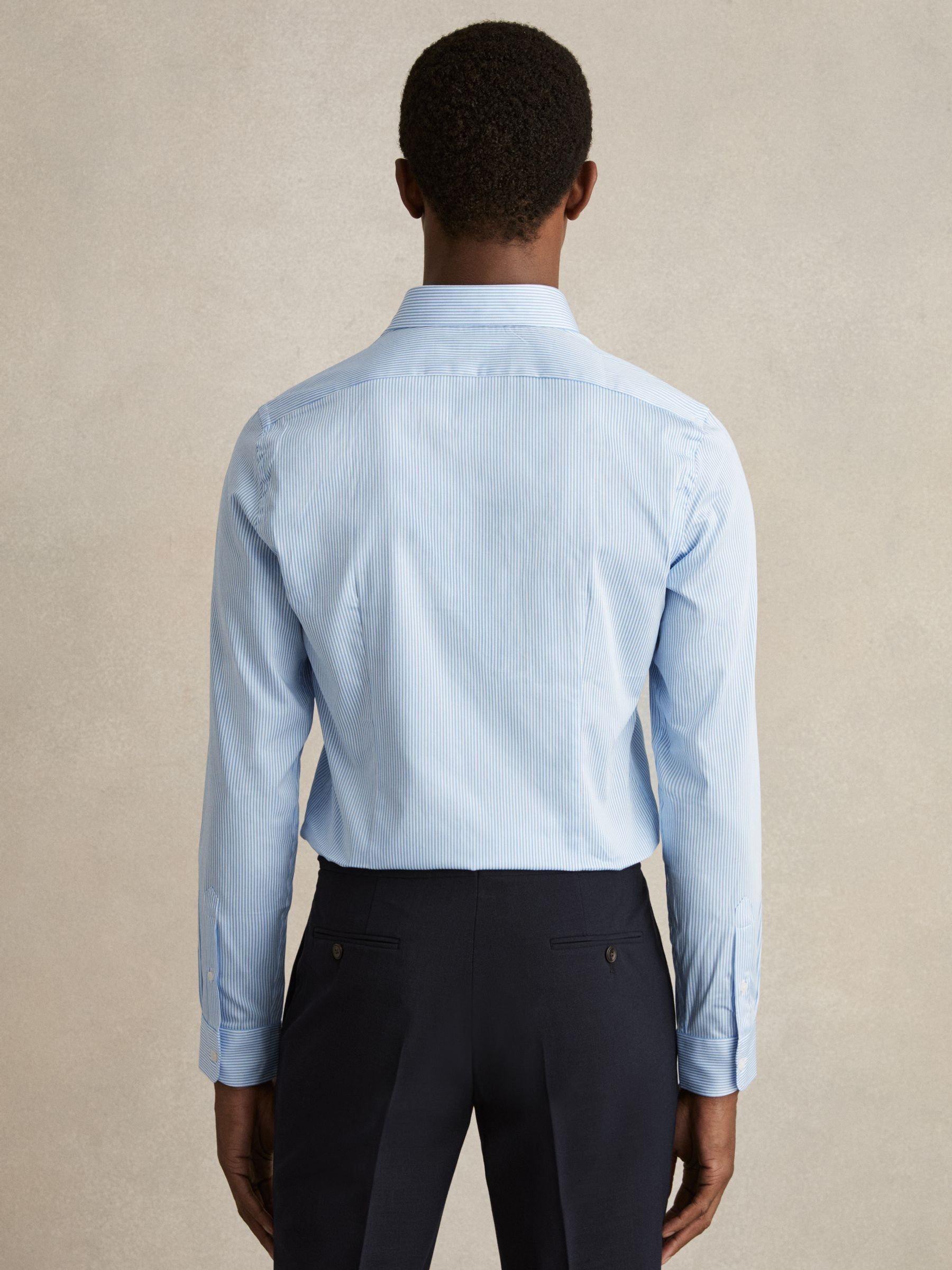 Slim Fit Cotton-Satin Cutaway-Collar Shirt in Blue Stripe