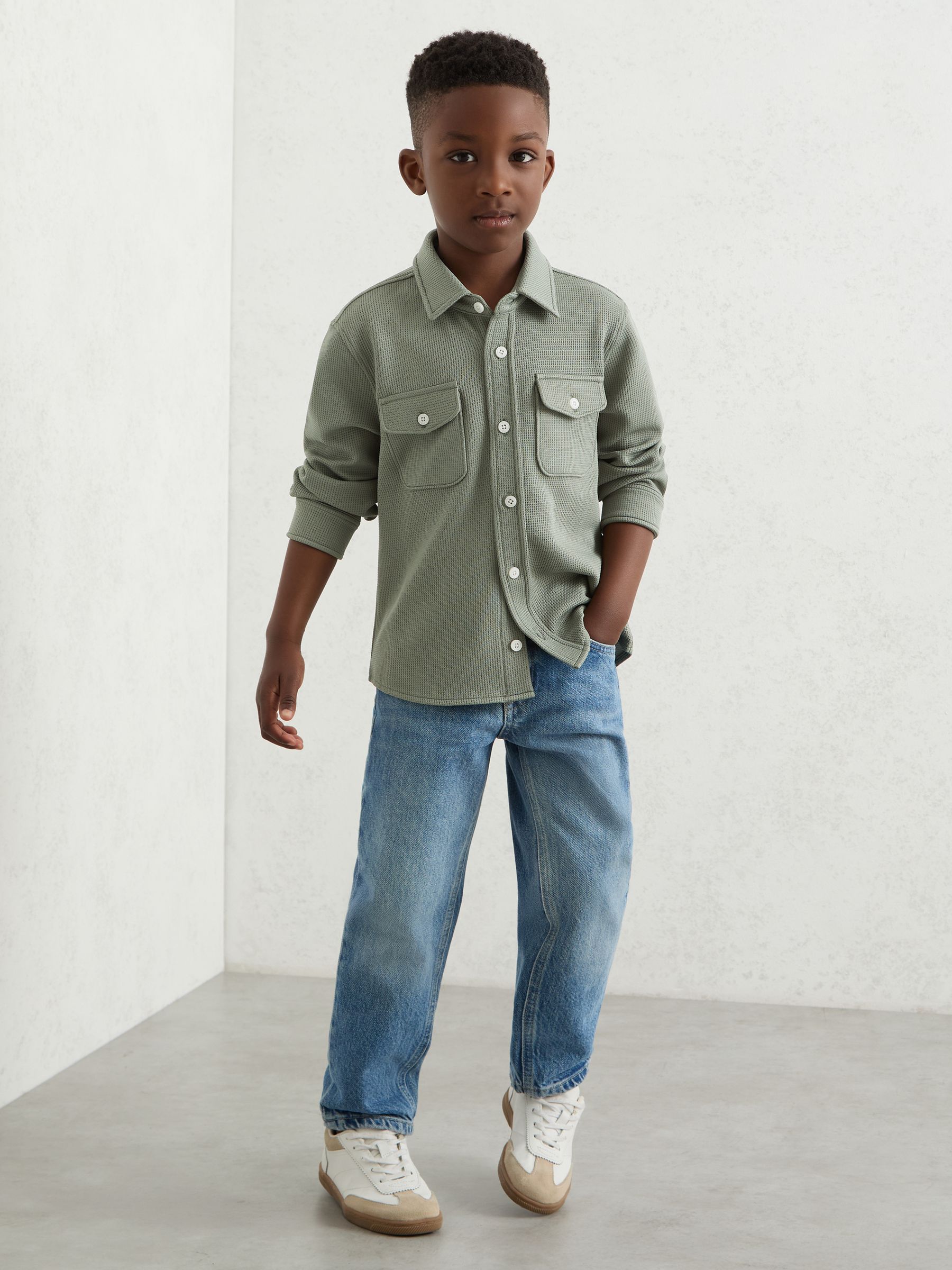 9-13 yrs Waffle-Textured Twin-Pocket Overshirt in Sage